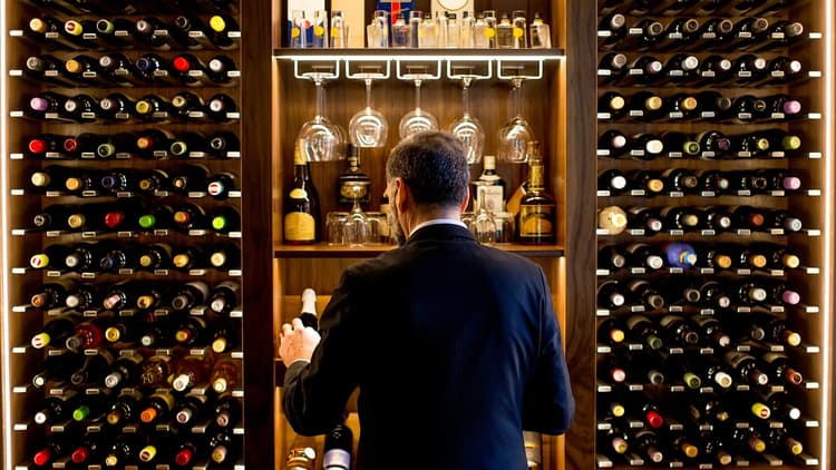 A man standing in front of a wine collection