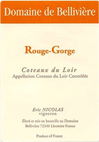 Coteaux du Loir Domaine de Bellivière  Le Rouge Gorge Christine et Eric Nicolas