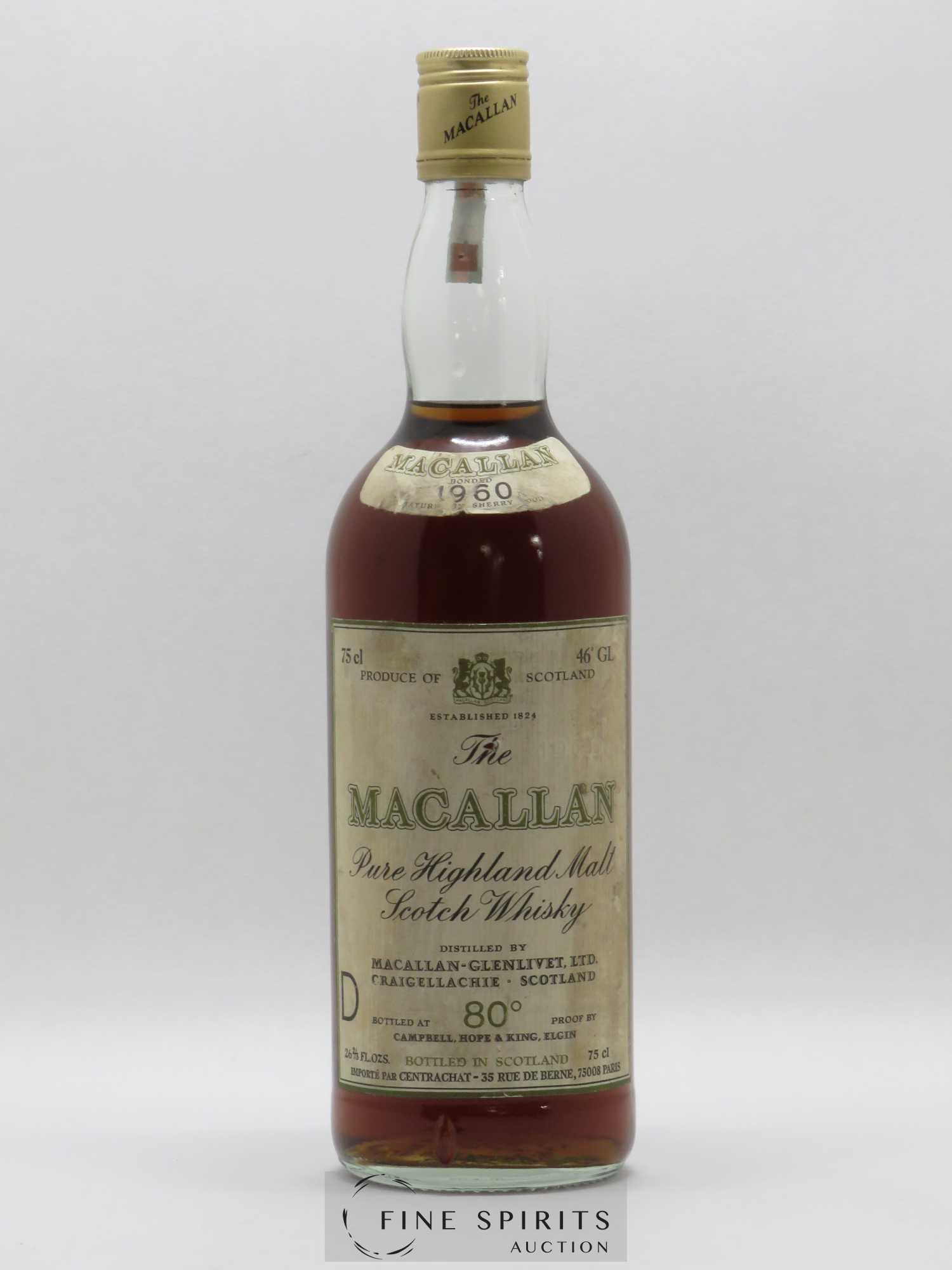 Macallan (The) 1960 Campbell, Hope and King, Elgin Sherry Wood Matured Import by Centrachat, Paris bottled at 80° Proof 