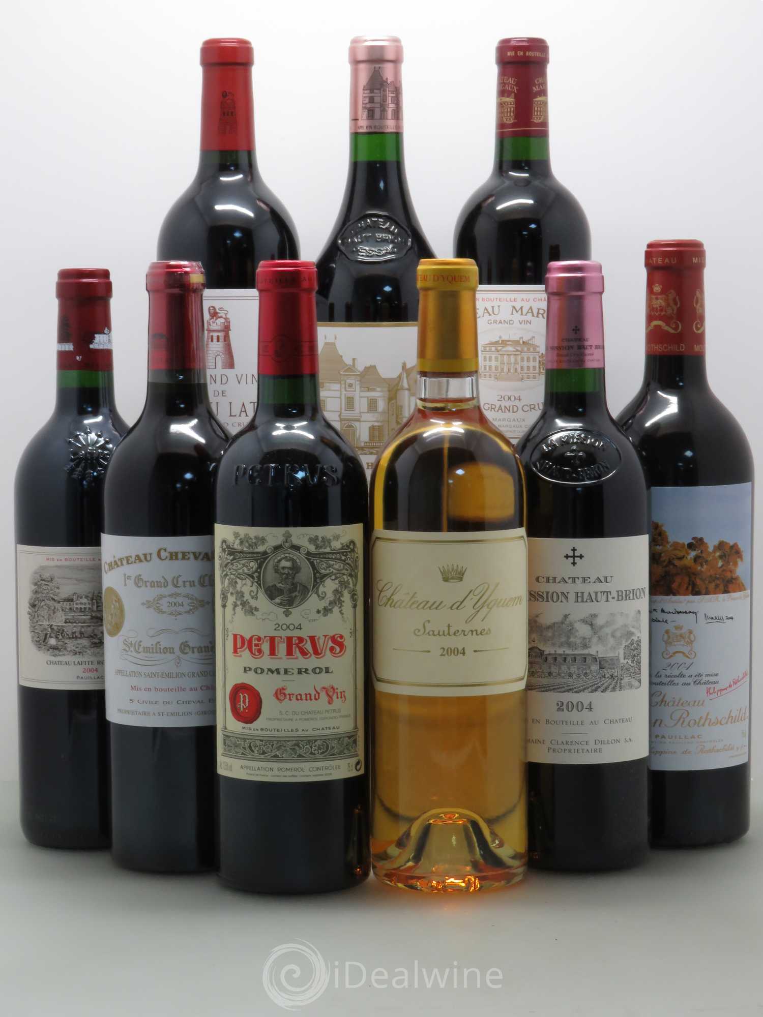 Caisse Collection Duclot 2004 1 Petrus 1 Yquem 1 Latour 1 Cheval Blanc 1 Haut Brion 1 La Mission Haut Brion 1 Margaux 1 Lafite 1 Mouton 2004 - Posten von 1 Flasche - 0