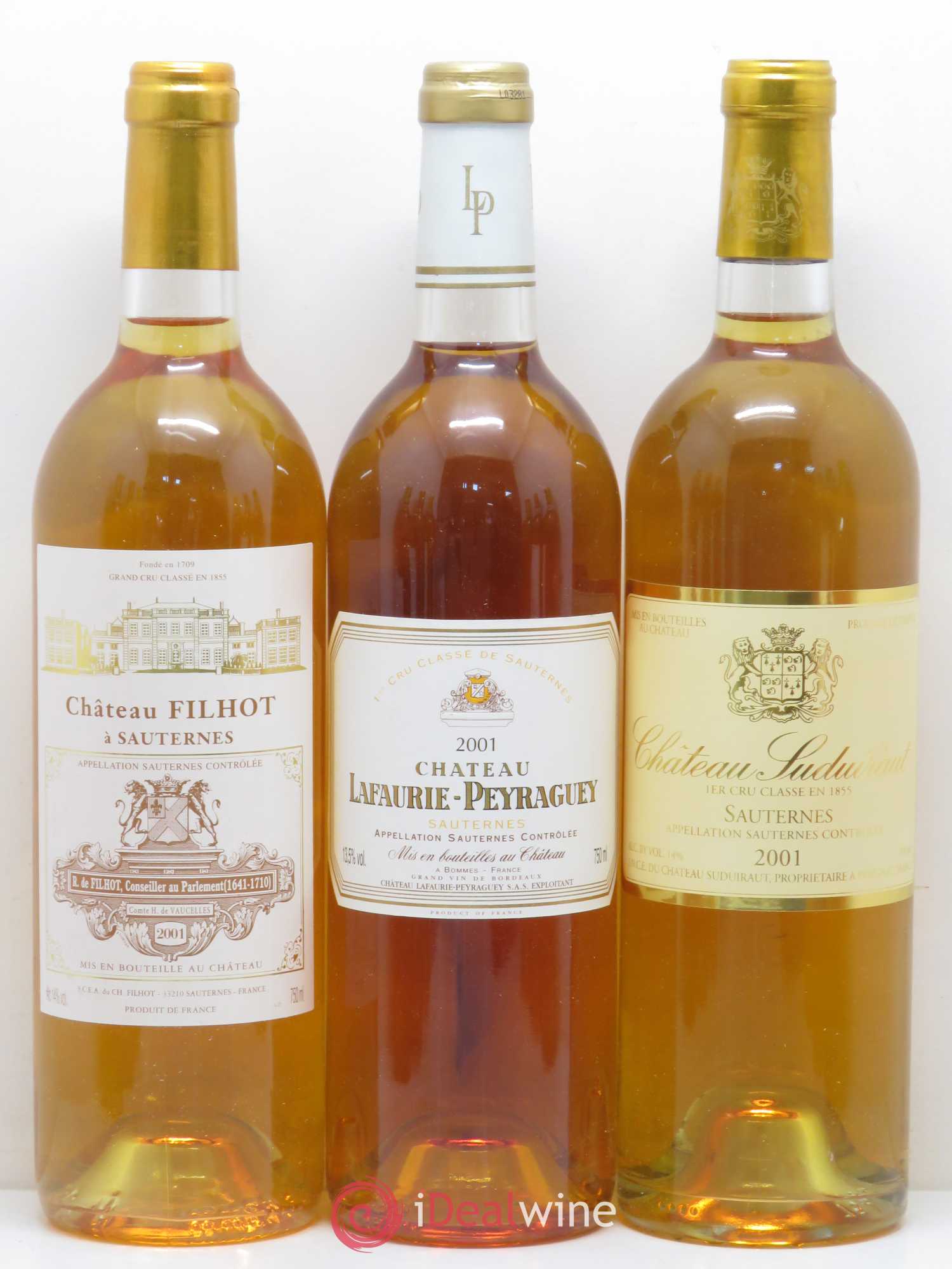 Divers Caisse Liquoreux Duclot (Climens, La Tour Blanche, Filhot, Guiraud, Doisy, De Malle, Coutet, Lafaurie Peyraguey, Clos Haut Peyraguey, Rieussec, Suduiraut, Rayne Vigneau) 2001 - Posten von 12 Flaschen - 2