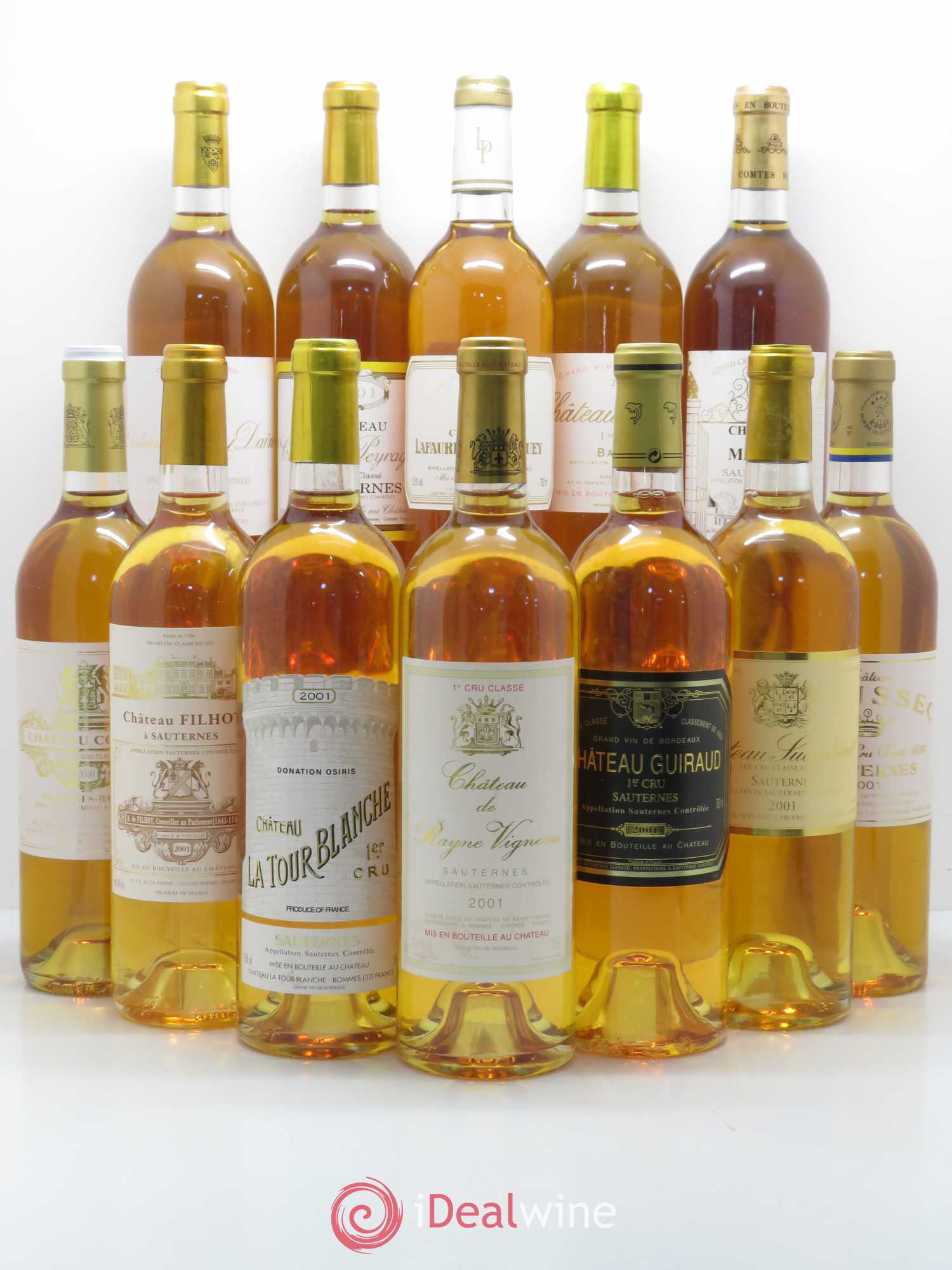 Divers Caisse Liquoreux Duclot (Climens, La Tour Blanche, Filhot, Guiraud, Doisy, De Malle, Coutet, Lafaurie Peyraguey, Clos Haut Peyraguey, Rieussec, Suduiraut, Rayne Vigneau) 2001 - Posten von 12 Flaschen - 0