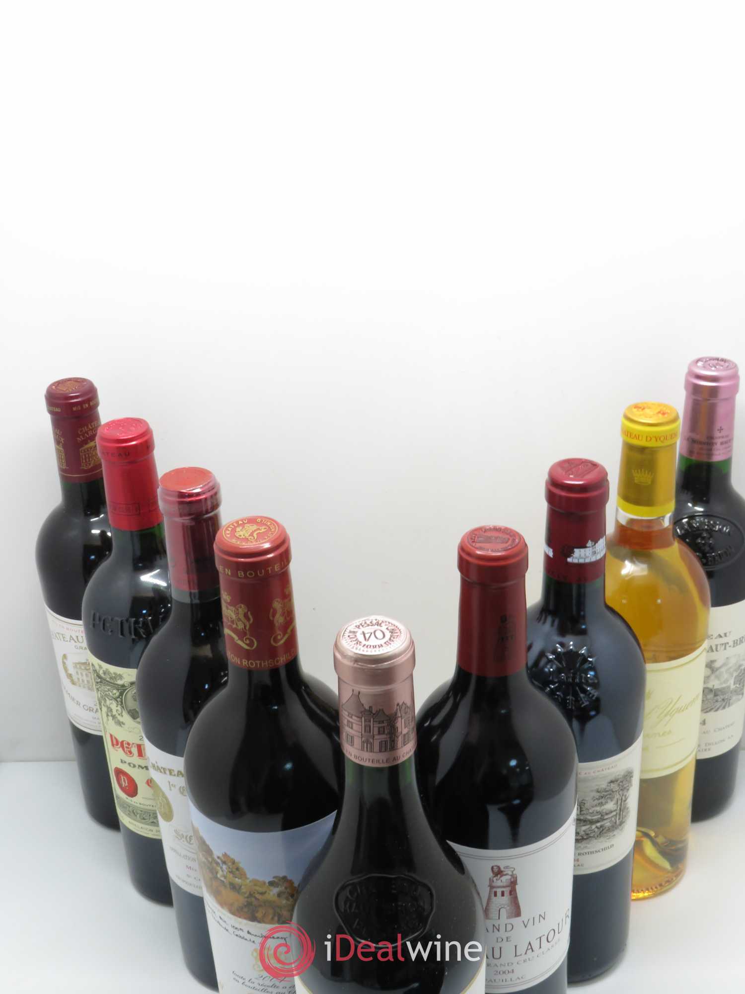 Caisse Prestige Duclot 2004 (1 Haut Brion 1 Mouton Rothschild 1 Latour 1 Yquem 1 Mission Haut Brion 1 Lafite Rothschild 1 Cheval Blanc 1 Petrus 1 Margaux) 2004 - Posten von 9 Flaschen - 4