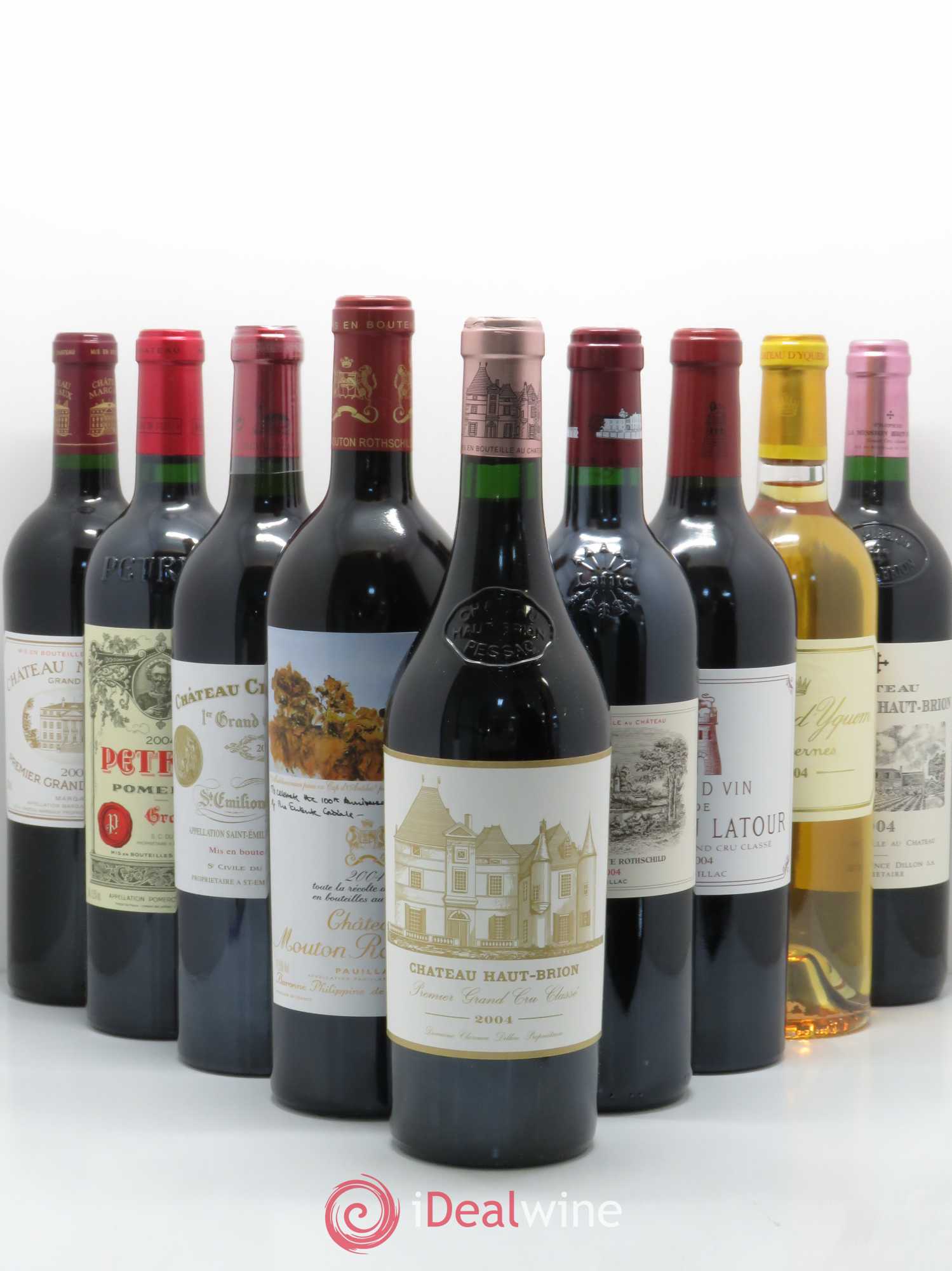 Caisse Prestige Duclot 2004 (1 Haut Brion 1 Mouton Rothschild 1 Latour 1 Yquem 1 Mission Haut Brion 1 Lafite Rothschild 1 Cheval Blanc 1 Petrus 1 Margaux) 2004 - Posten von 9 Flaschen - 0