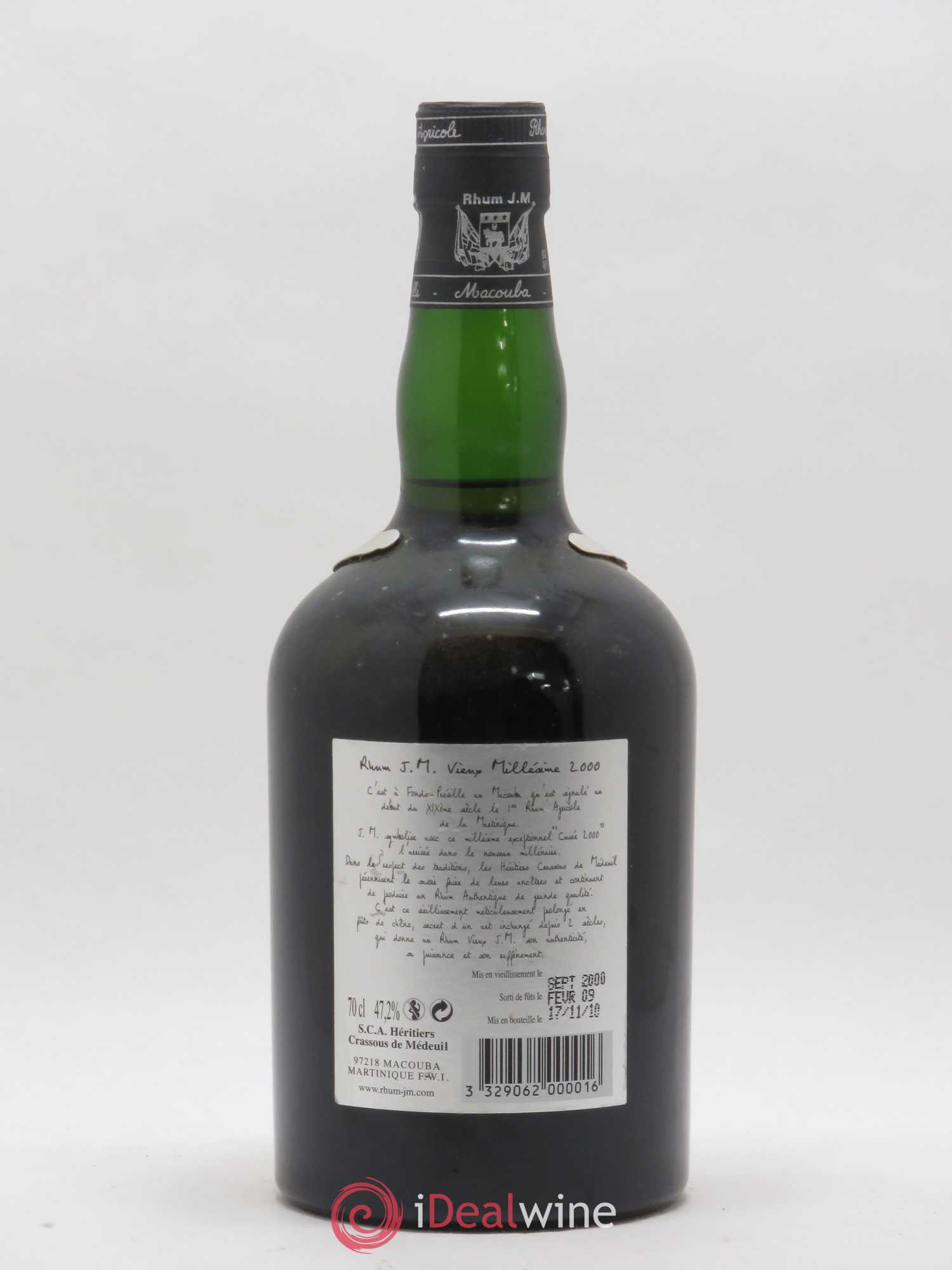 Rhum Martinique Distillerie JM Millésimé Distillé Septembre 2000 Embouteillé Novembre 2010 2000 - Lot de 1 bouteille - 1