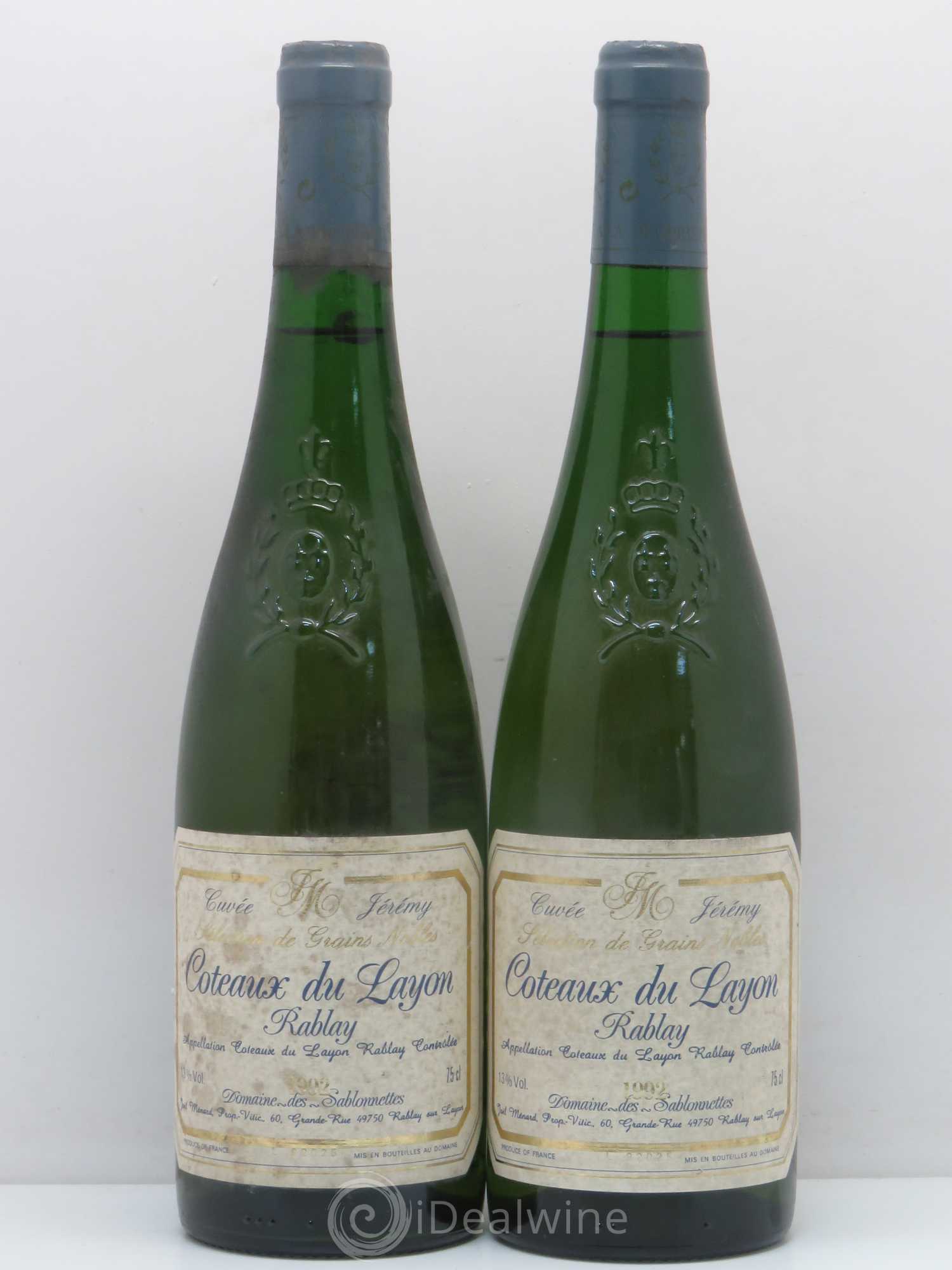 Coteaux du Layon Rablay Selection de Grains Nobles Domaine Des Sablonnettes Cuvée Jérémy 1992 - Lotto di 2 bottiglie - 0