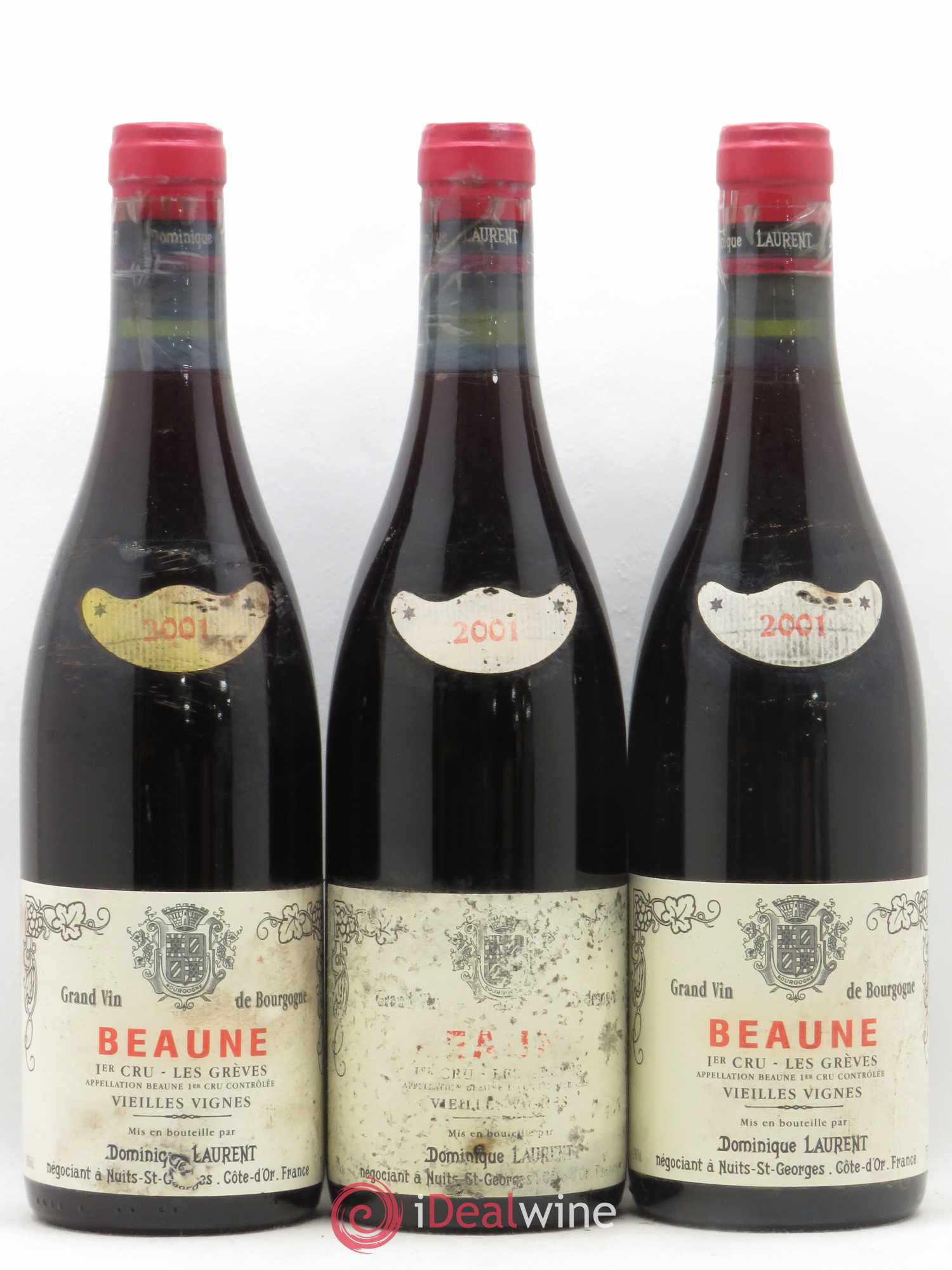 Beaune 1er Cru Les Grèves Vieilles Vignes Dominique Laurent 2001 - Lot de 3 bouteilles - 0