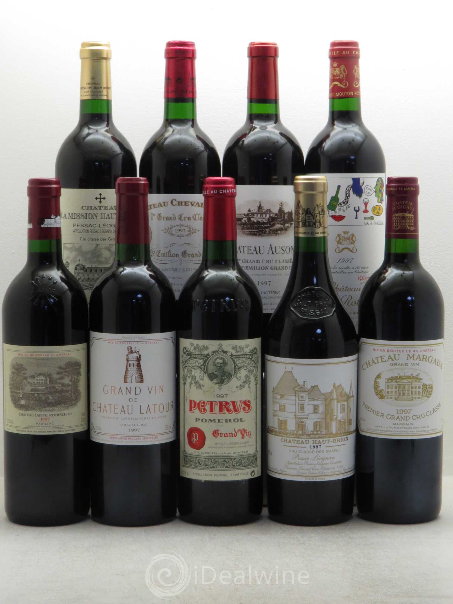 Caisse Duclot 9btes :1 Latour, 1 Lafite Rothschild, 1 Haut Brion, 1 Margaux, 1 Mouton Rothschild, 1 Petrus, 1 Cheval Blanc, 1 Ausone, 1 Mission Haut Brion 1997 - Posten von 1 Flasche - 0