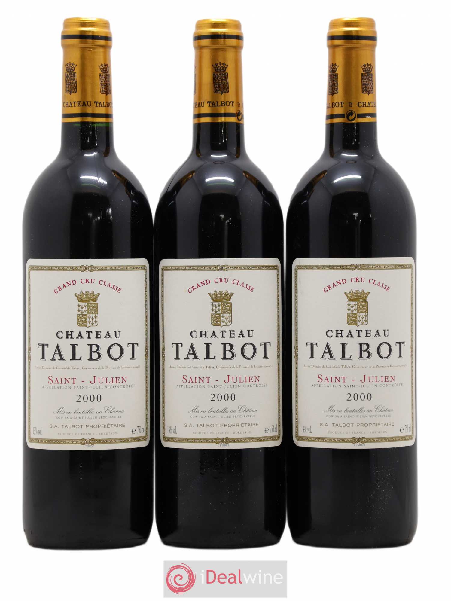 Château Talbot 4ème Grand Cru Classé 2000 - Lot de 3 bouteilles - 0