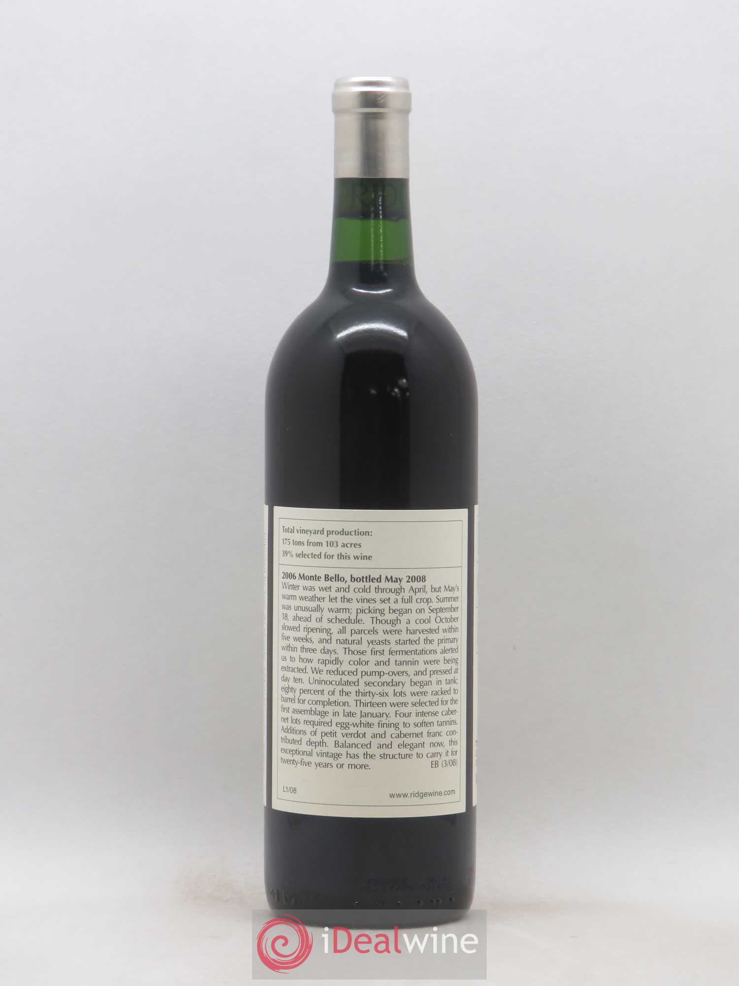 Santa Cruz Mountains Monte Bello Ridge Vineyards 2006 - Lot de 1 bouteille - 1