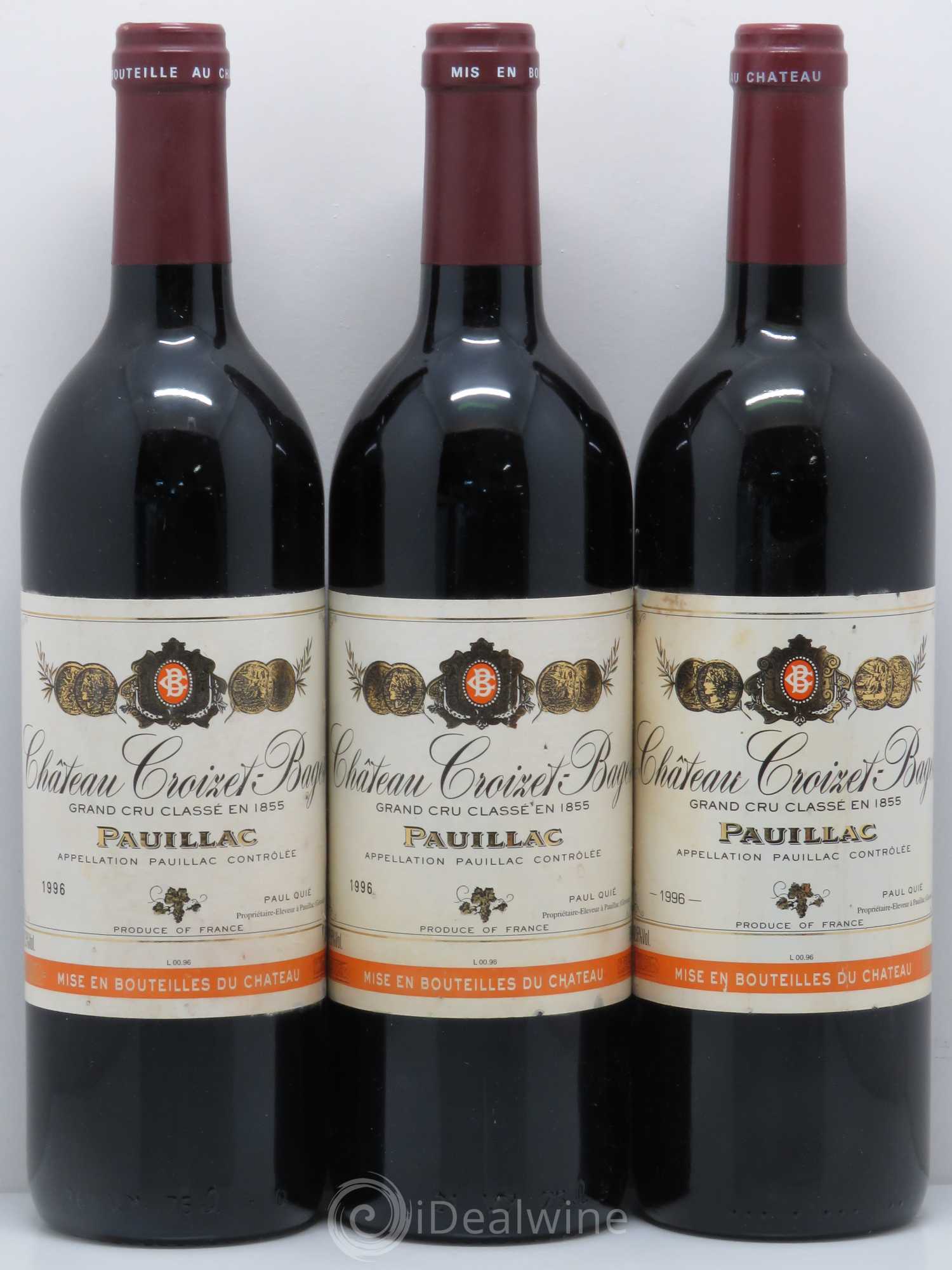 Château Croizet Bages 5ème Grand Cru Classé 1996 - Lot de 3 bouteilles - 0