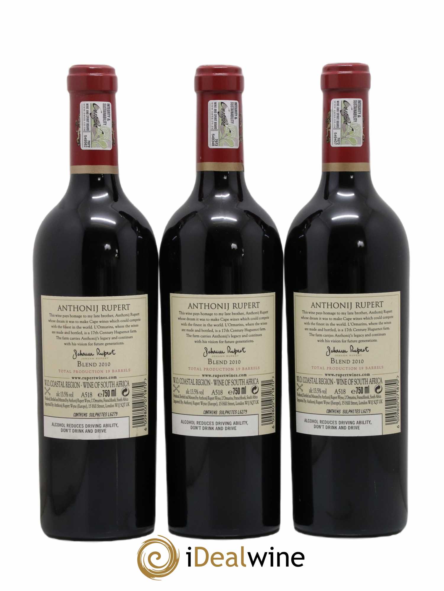 Afrique du Sud Stellenboch Anthonij Rupert 2010 - Lot of 3 bottles - 1