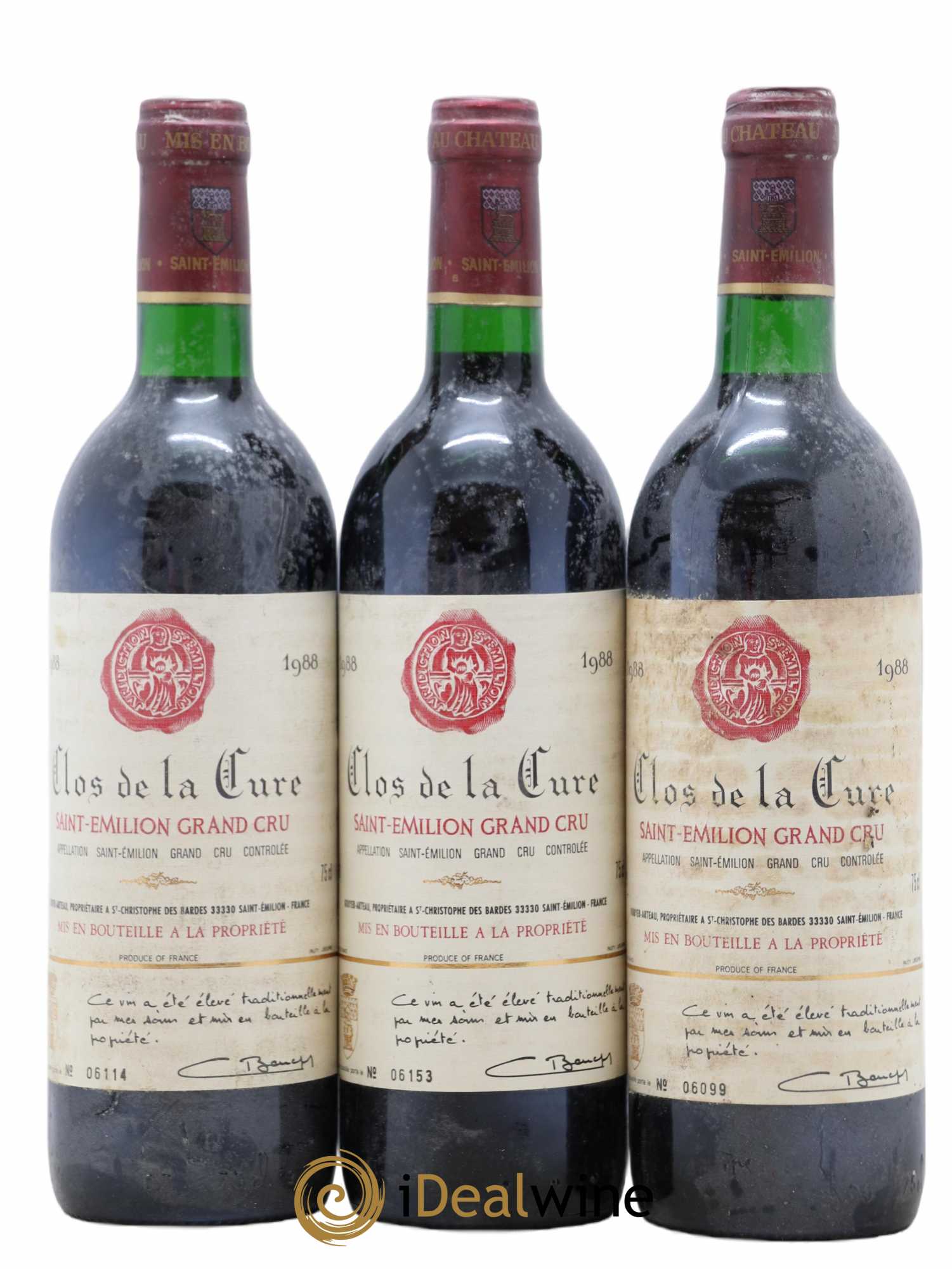 Saint-Émilion Grand Cru Clos de la Cure 1988 - Lot de 3 bouteilles - 0