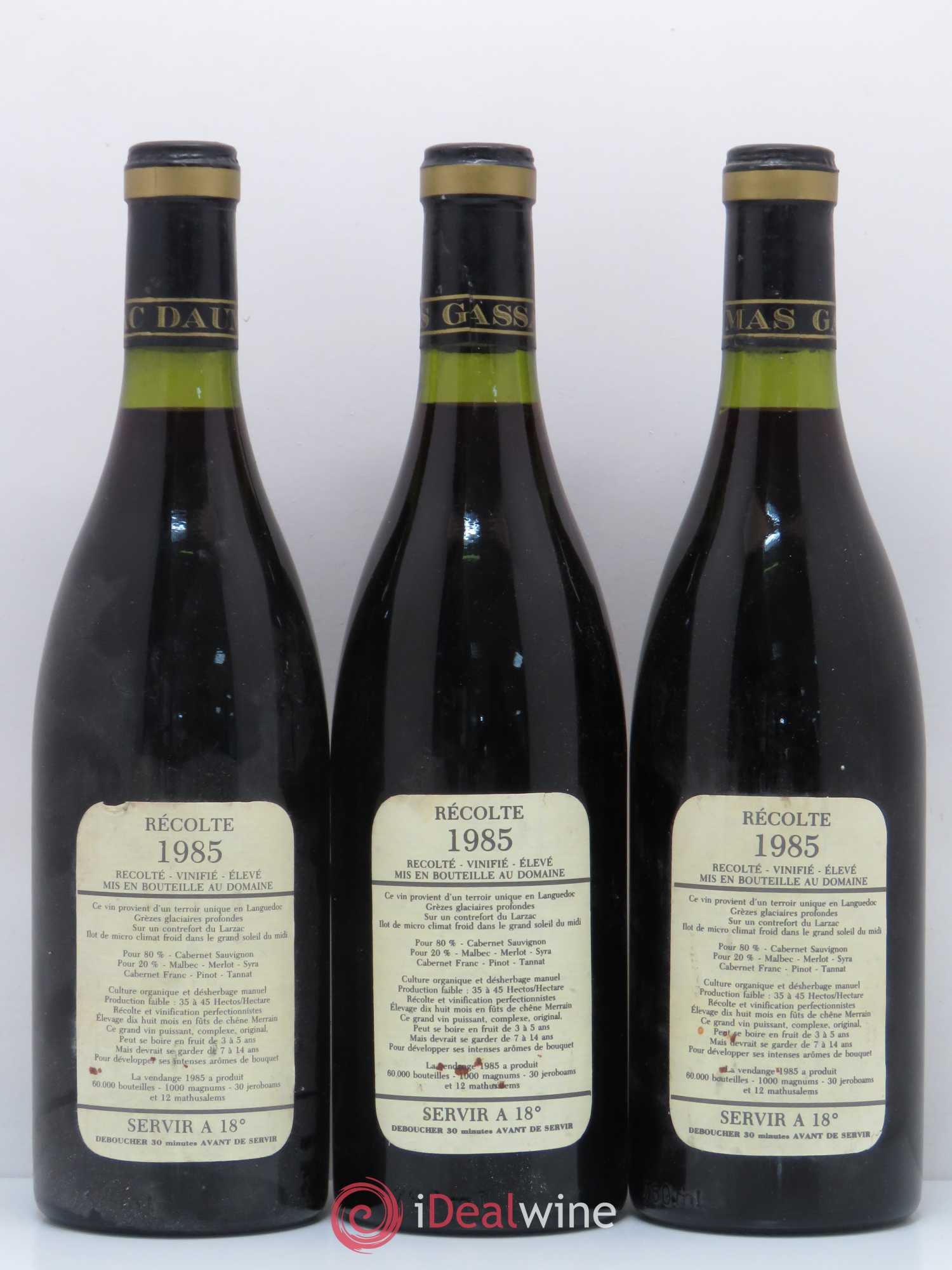 Saint-Guilhem-le-Désert - Cité d'Aniane Mas Daumas Gassac Famille Guibert de La Vaissière 1985 - Lot de 3 bouteilles - 1