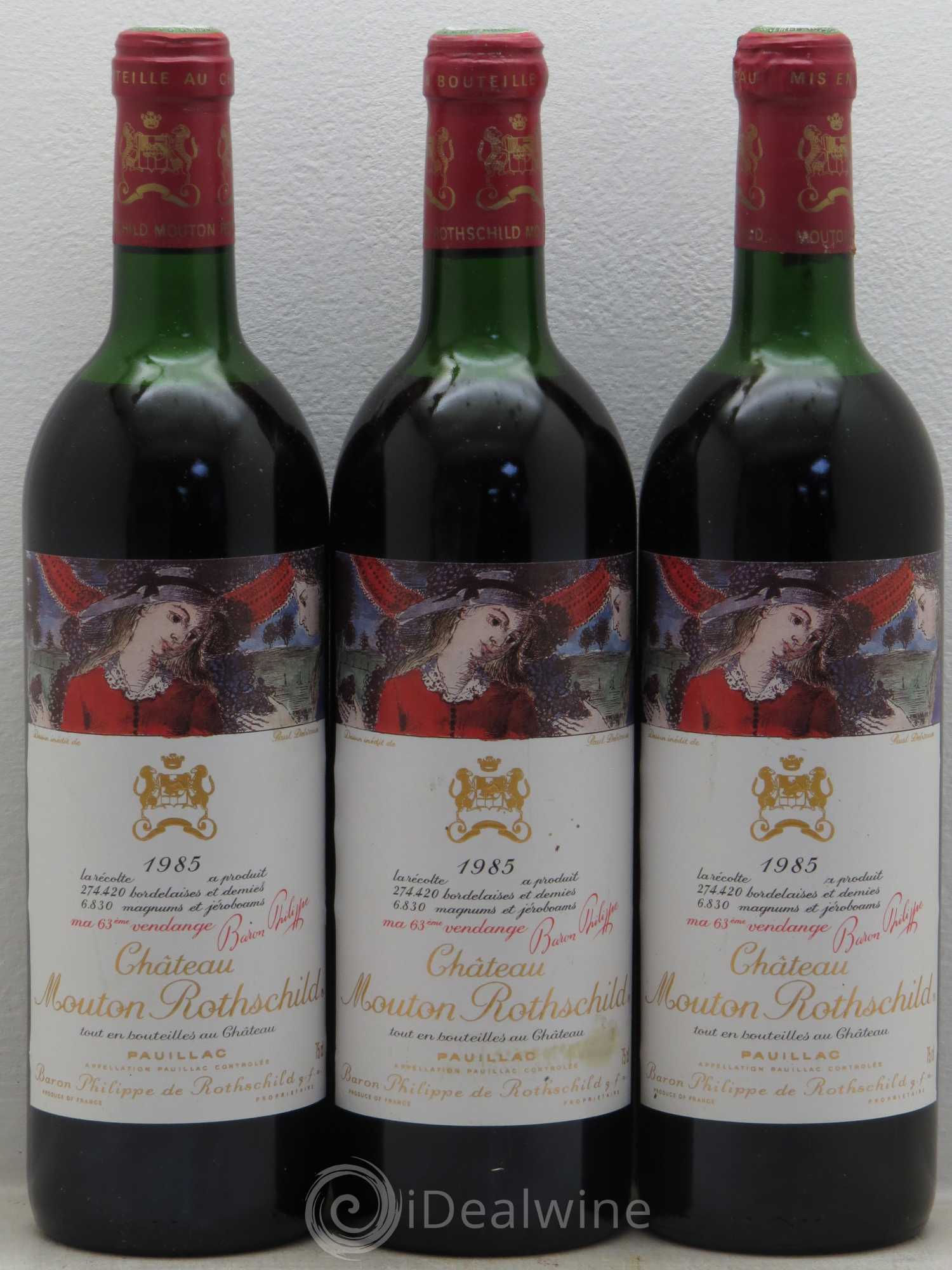 Château Mouton Rothschild 1er Grand Cru Classé 1985 - Lot de 3 bouteilles - 0