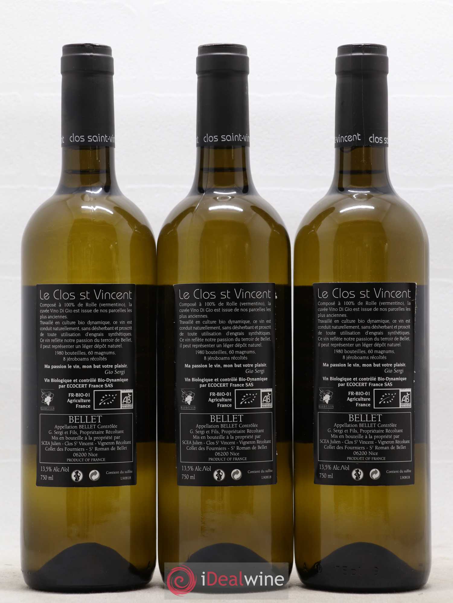 Bellet Clos Saint-Vincent Vino di Gio Famille Sicardi-Sergi 2017 - Lot de 3 bouteilles - 1