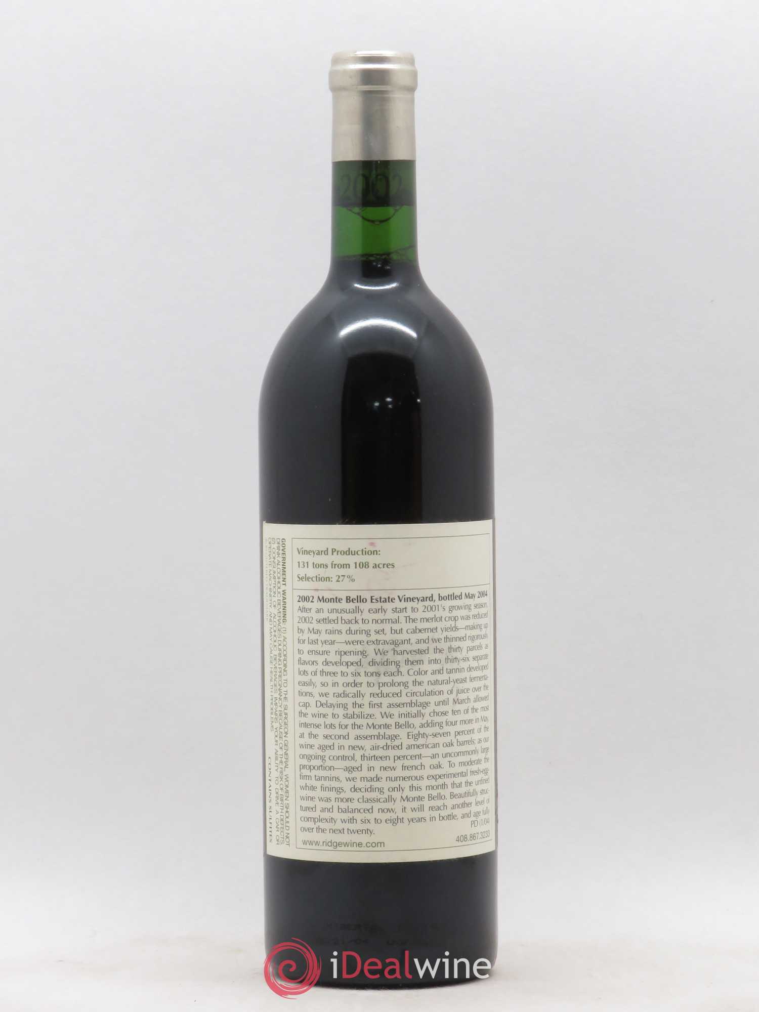 Santa Cruz Mountains Monte Bello Ridge Vineyards 2002 - Lot de 1 bouteille - 1