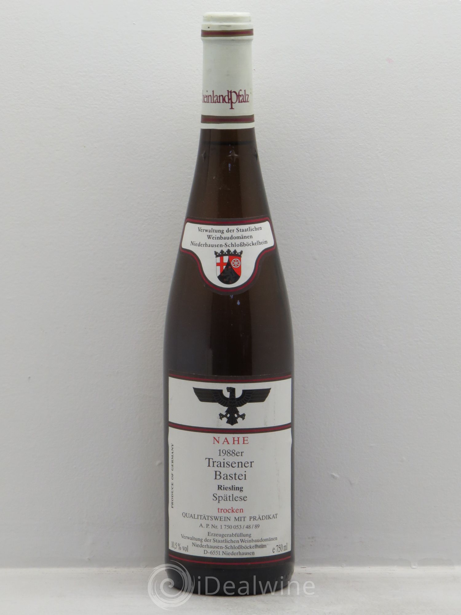 Riesling Nahe Traisener Bastei Riesling Spätlese trocken Weinbaudomänen Niederhausen 1988 - Posten von 1 Flasche - 0