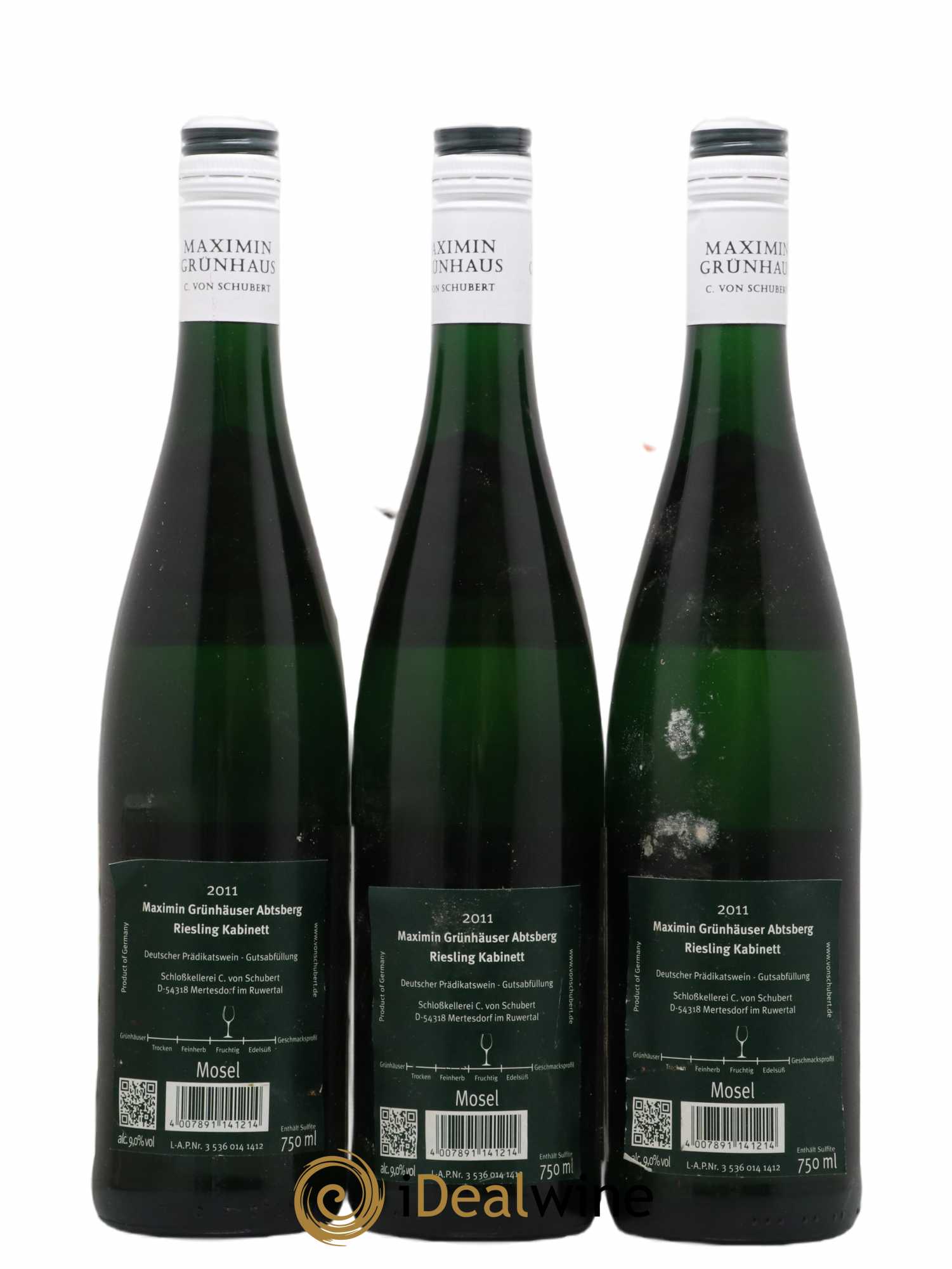 Allemagne Mosel-Saar Ruwer  Maximin Grünhäuser Abtsberg Riesling Kabinett von Schubert<br> 2011 - Lot de 3 bouteilles - 1