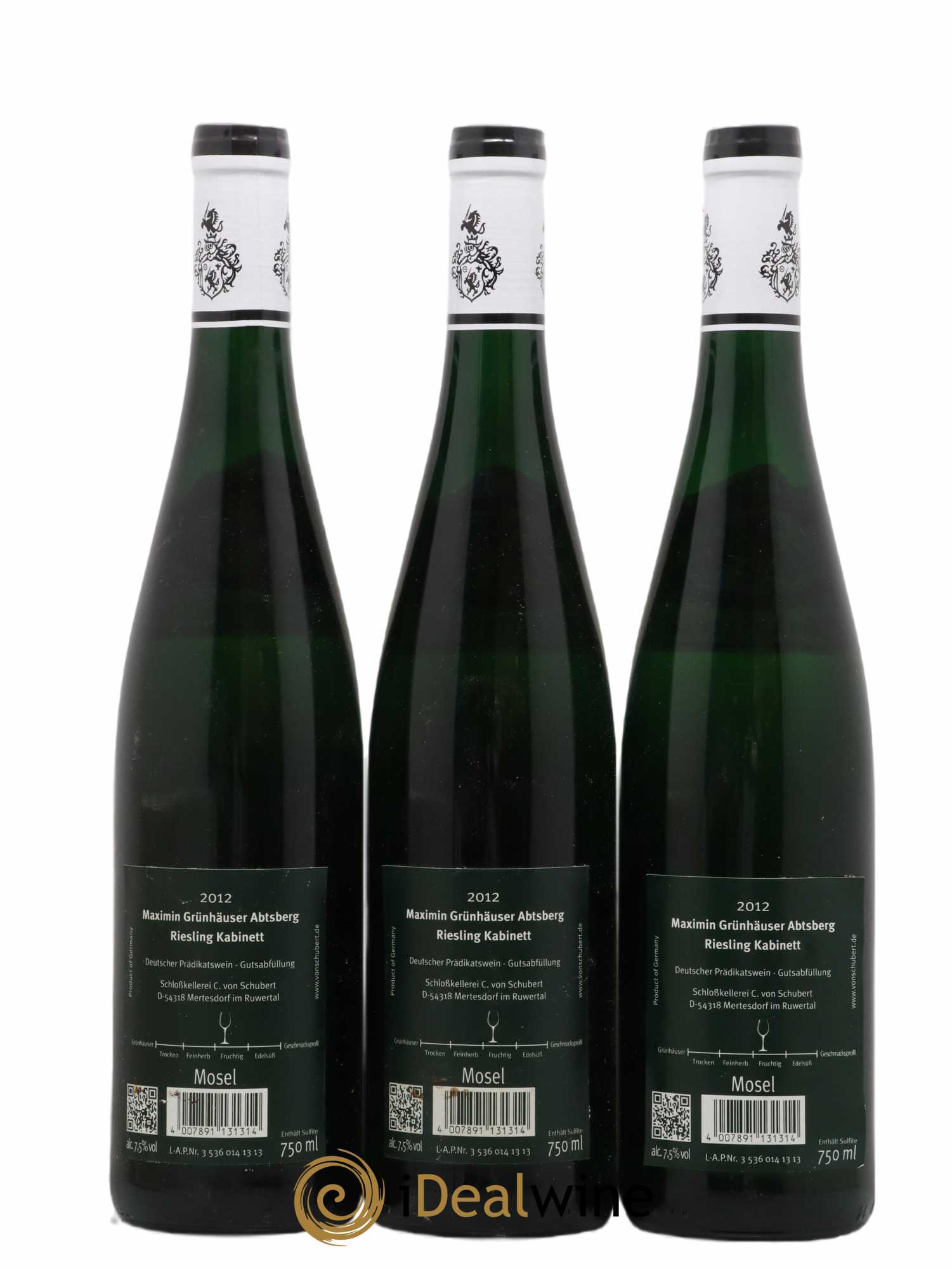 Allemagne Mosel-Saar Ruwer Maximin Grünhäuser Abtsberg Riesling Kabinett von Schubert<br> 2012 - Lot de 3 bouteilles - 1
