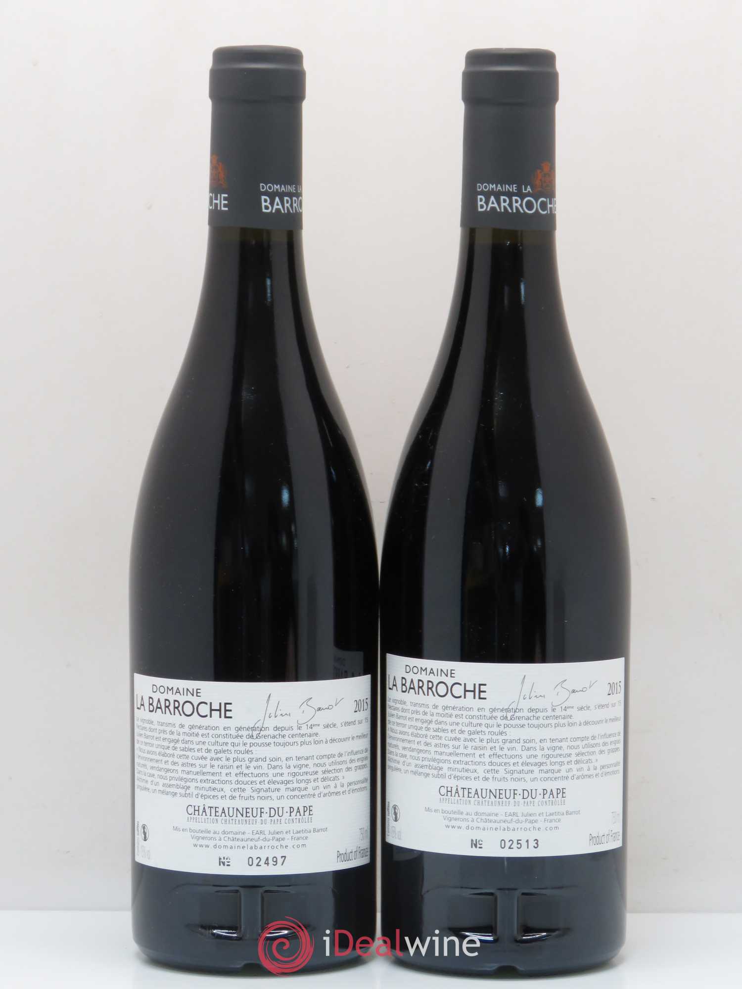 Châteauneuf-du-Pape La Barroche (Domaine de) Signature Julien Barrot (sans prix de réserve) 2015 - Lot de 2 bouteilles - 1