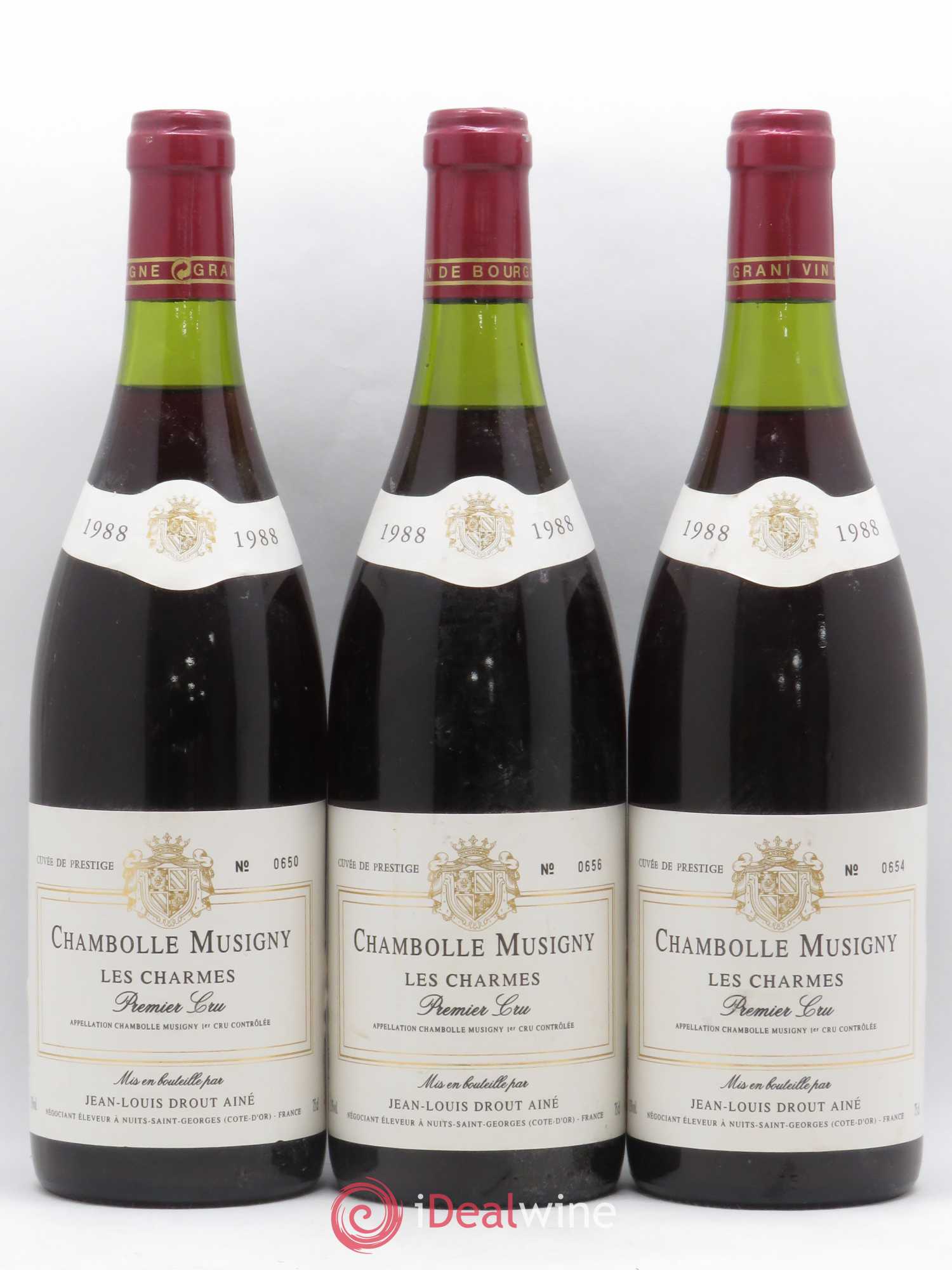 Chambolle-Musigny 1er Cru Les Charmes Jean Louis Drout Aîné 1988 - Posten von 3 Flaschen - 0