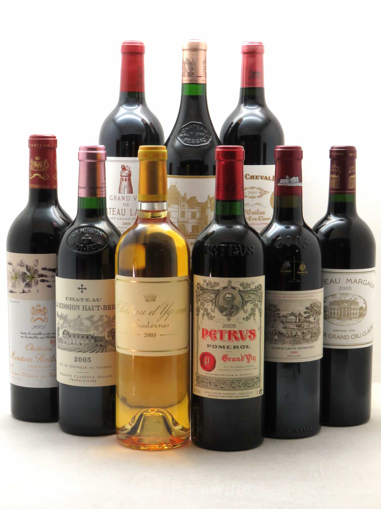 Caisse Collection Duclot 2005 - Petrus - Ch Margaux - Ch Mouton Rothschild - Ch Latour - Ch Cheval Blanc - Ch Lafite Rothschild - Ch Yquem - Ch Mission Haut Brion - Ch Haut Brion 2005 - Posten von 9 Flaschen - 0