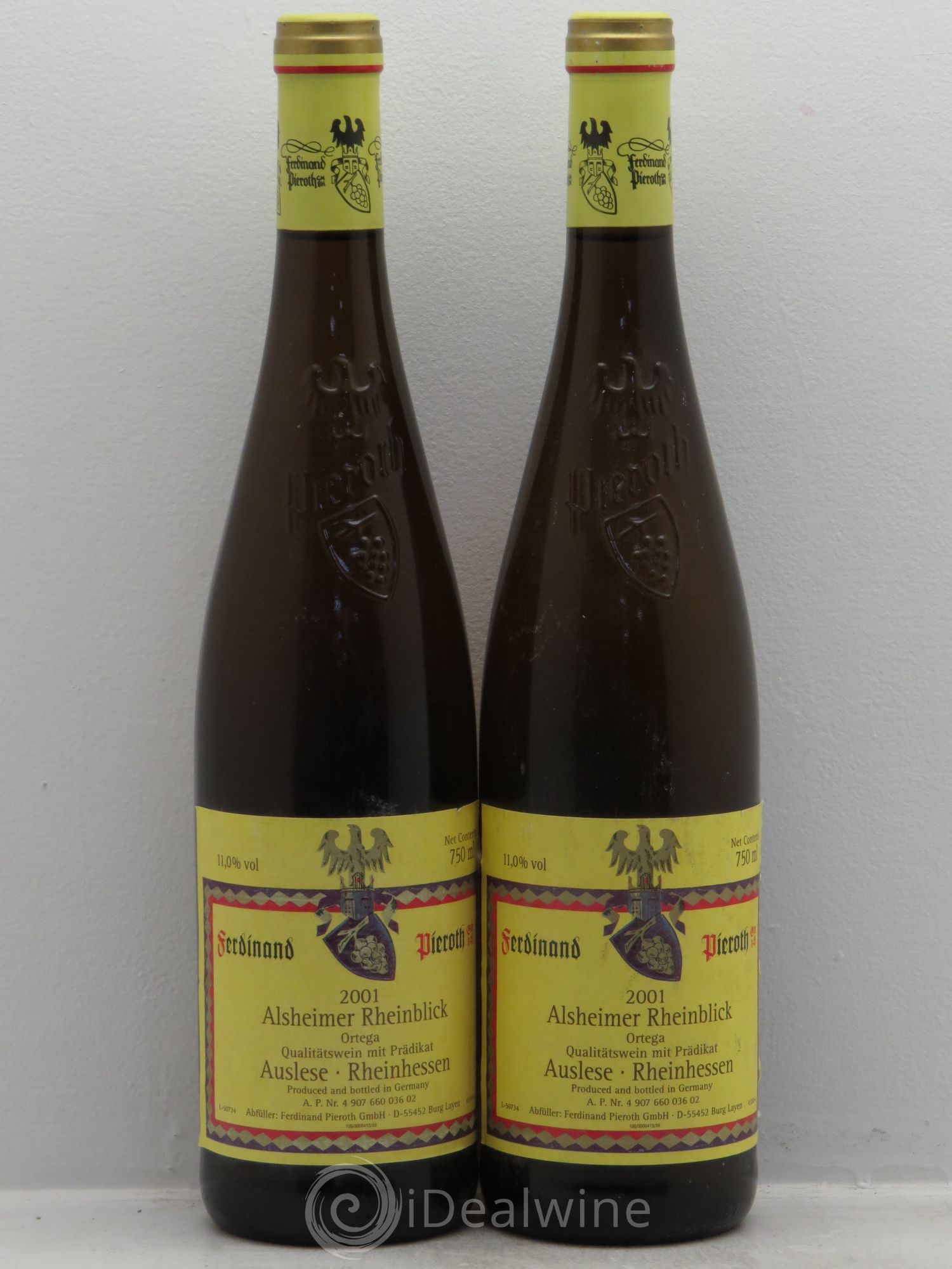 Allemagne Rheingau Ortega -Auslese Rheinhessen Alsheimer Rheinblick-Ferdinand Pieroth 2001 - Lot de 2 bouteilles - 0