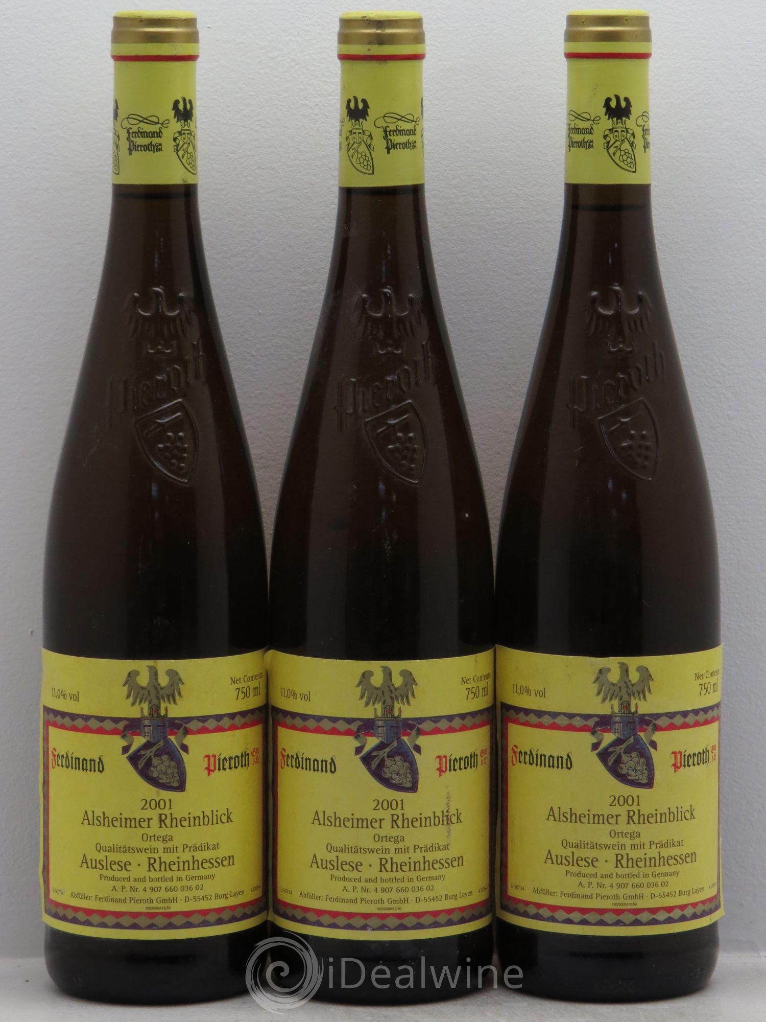 Allemagne Rheingau Ortega -Auslese Rheinhessen Alsheimer Rheinblick-Ferdinand Pieroth 2001 - Posten von 3 Flaschen - 0