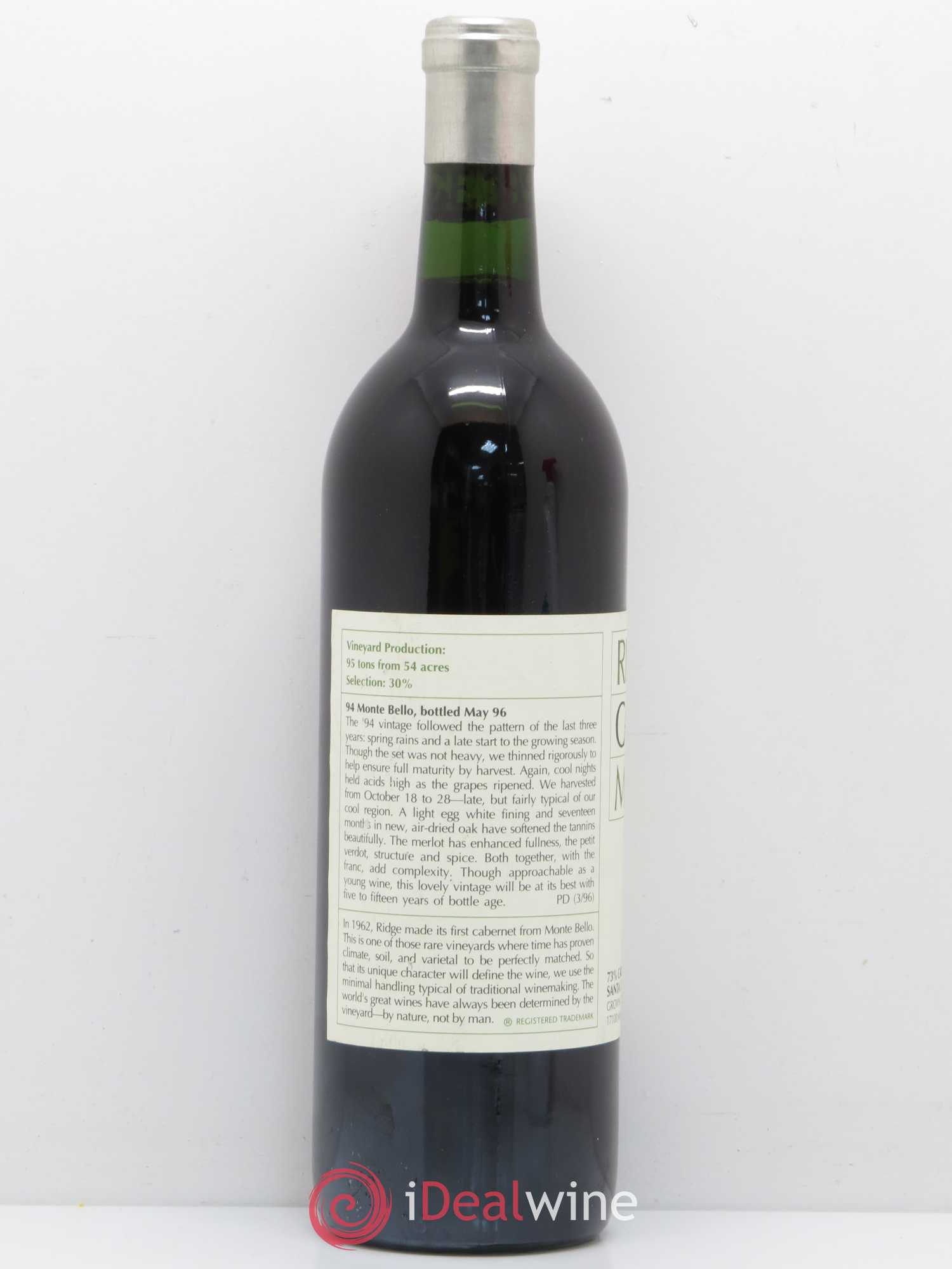 Santa Cruz Mountains Monte Bello Ridge Vineyards 1994 - Lot de 1 bouteille - 1