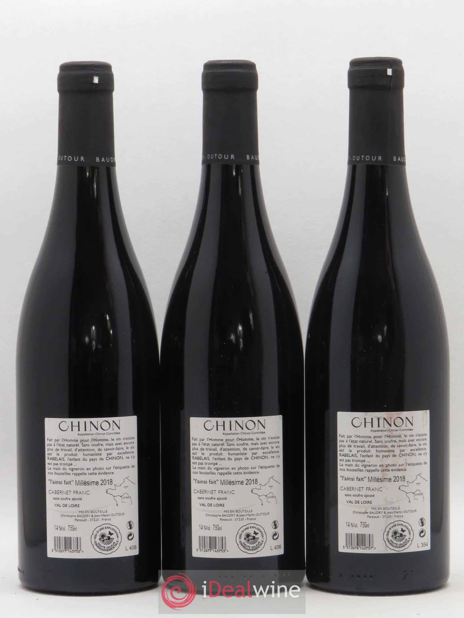 Chinon L'Ainsi Fait Baudry Dutour (sans prix de réserve) 2018 - Posten von 3 Flaschen - 1