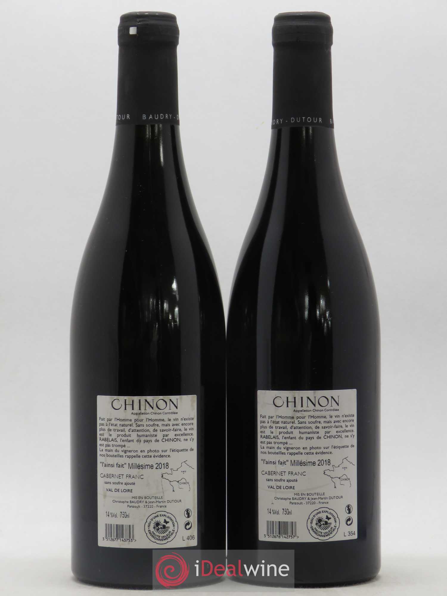 Chinon l'Ainsi Fait Baudry-Dutour (sans prix de réserve) 2018 - Lot de 2 bouteilles - 1