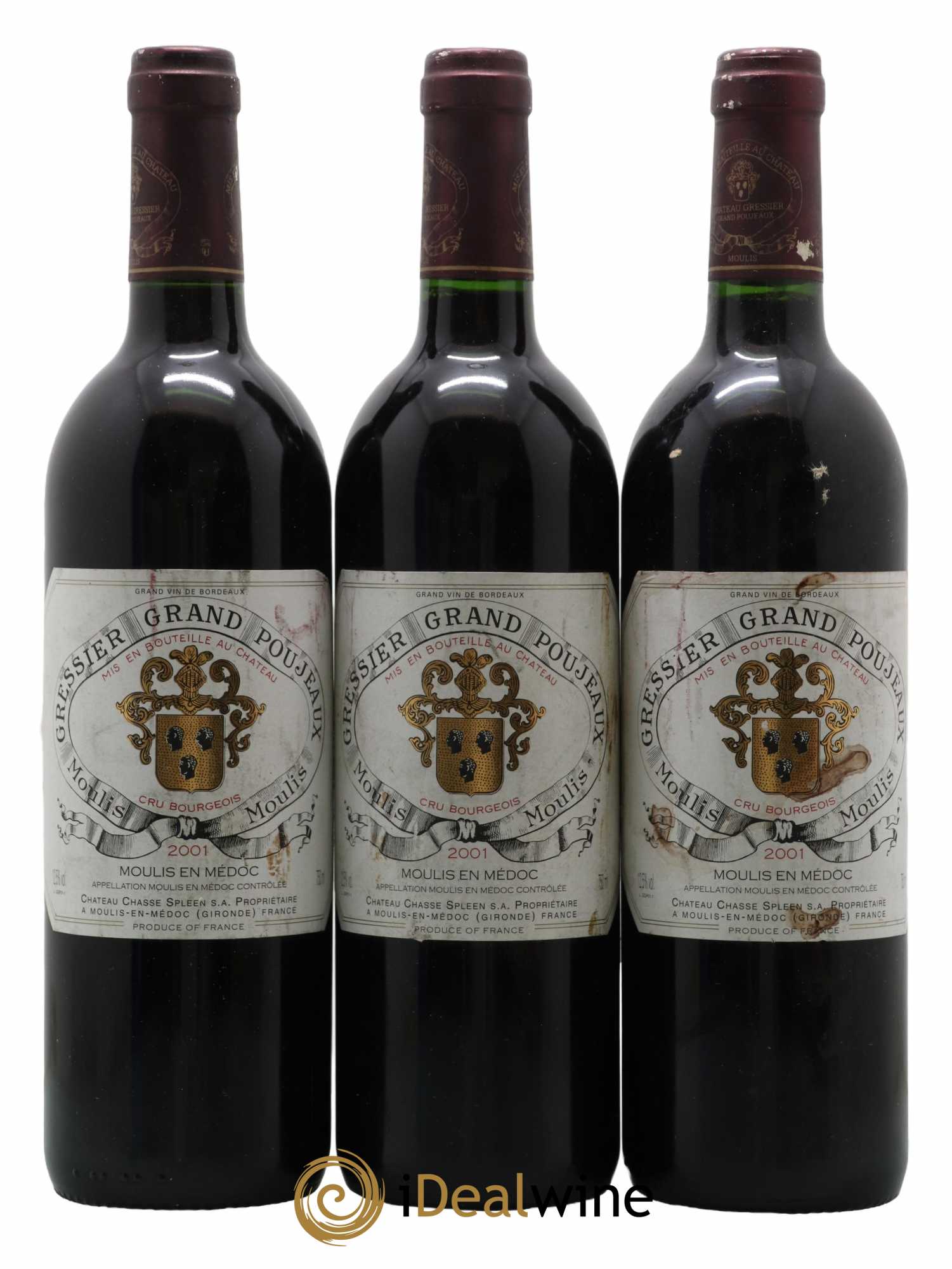 Château Gressier Grand Poujeaux Cru Bourgeois 2001 - Lot de 3 bouteilles - 0