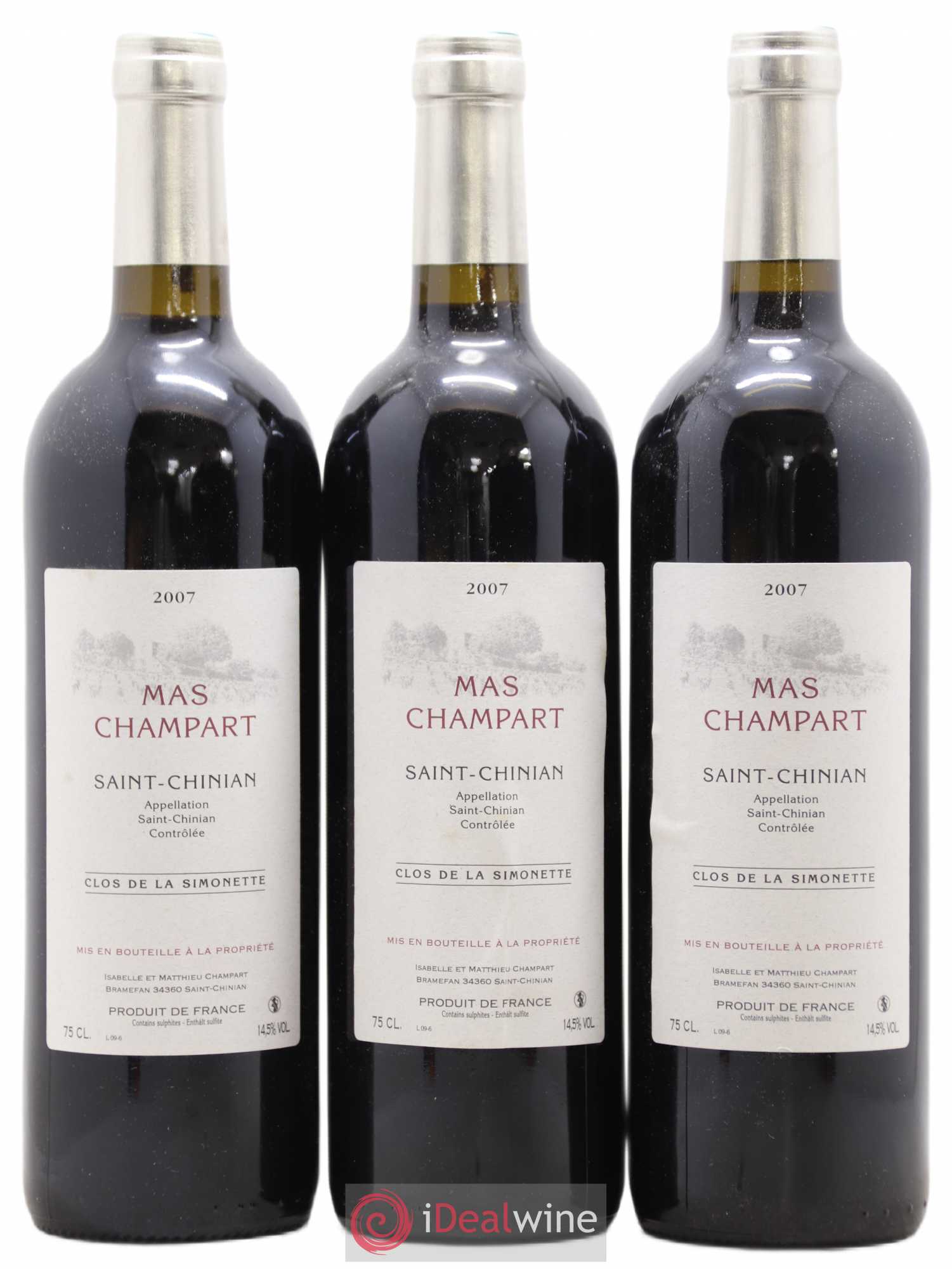 Saint-Chinian Mas Champart Clos de La Simonette Isabelle et Mathieu Champart 2007 - Lot de 3 bouteilles - 0