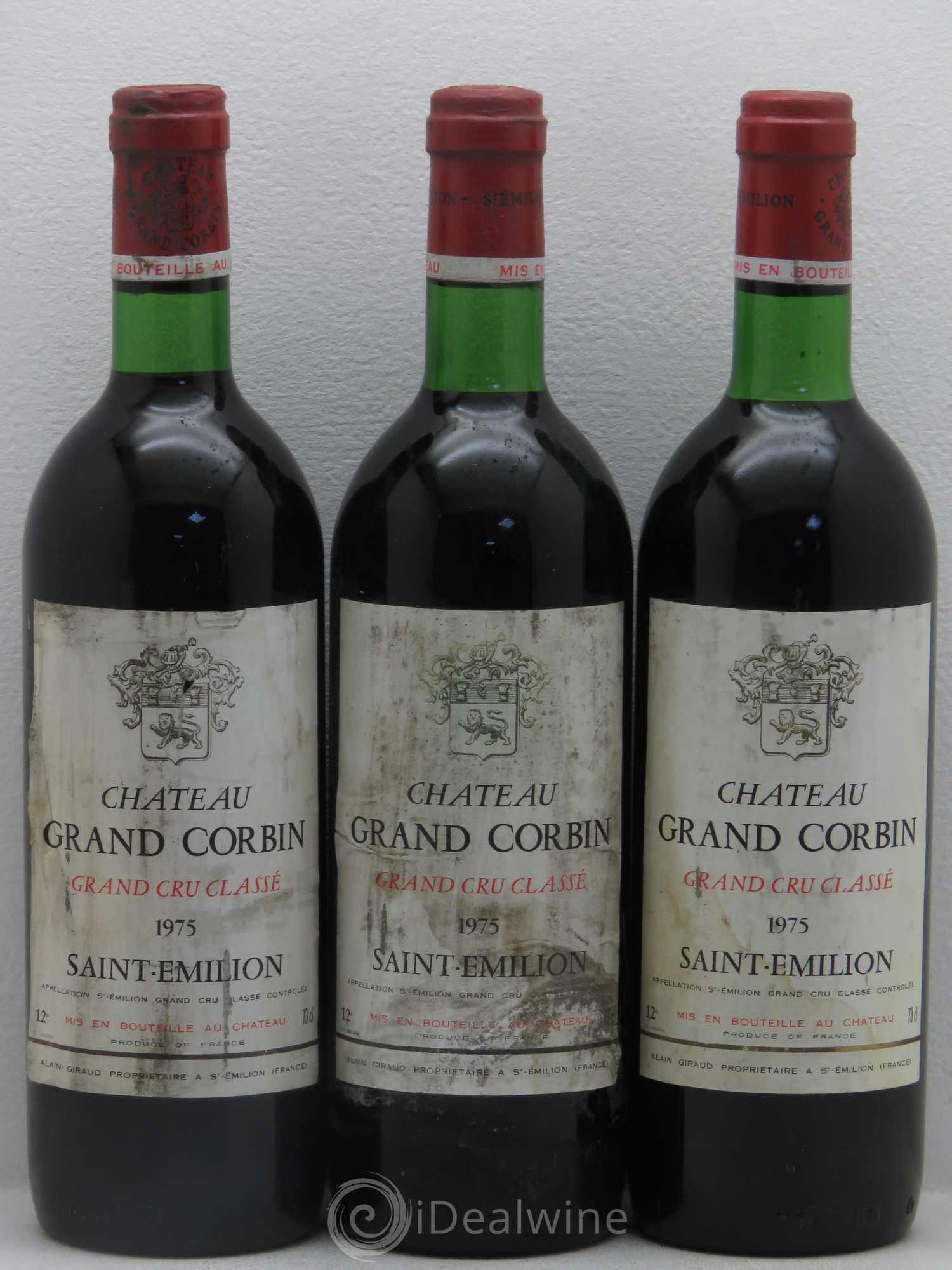 Château Grand Corbin Grand Cru Classé 1975 - Lot de 3 bouteilles - 0