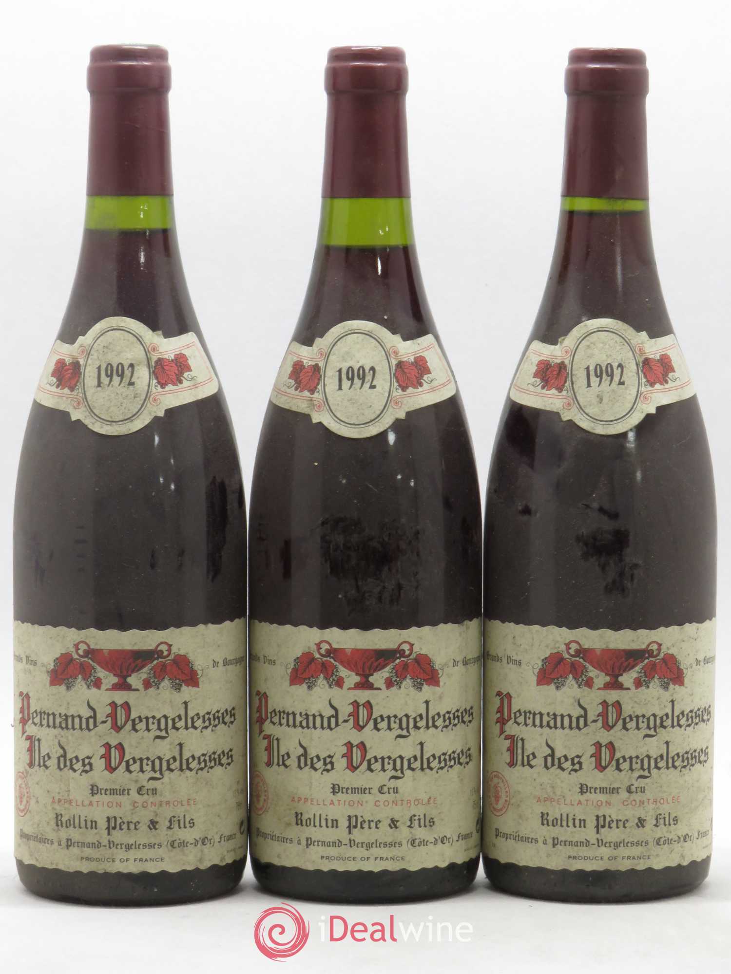 Pernand-Vergelesses 1er Cru Ile des Vergelesses Rolin Père et Fils 1992 - Lot de 3 bouteilles - 0