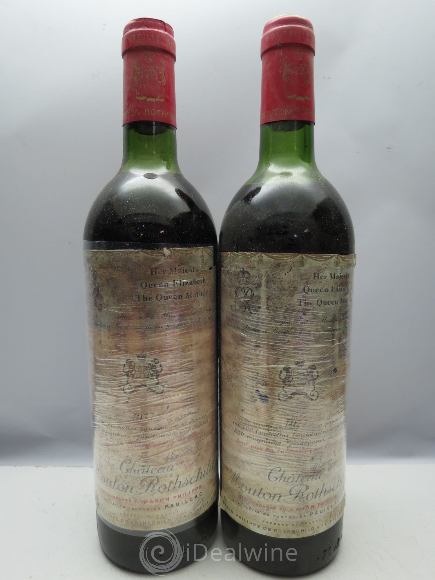 Château Mouton Rothschild 1er Grand Cru Classé (5 bas goulot, 1 lég.bas)(CB sans couvercle) 1977 - Posten von 12 Flaschen - 1