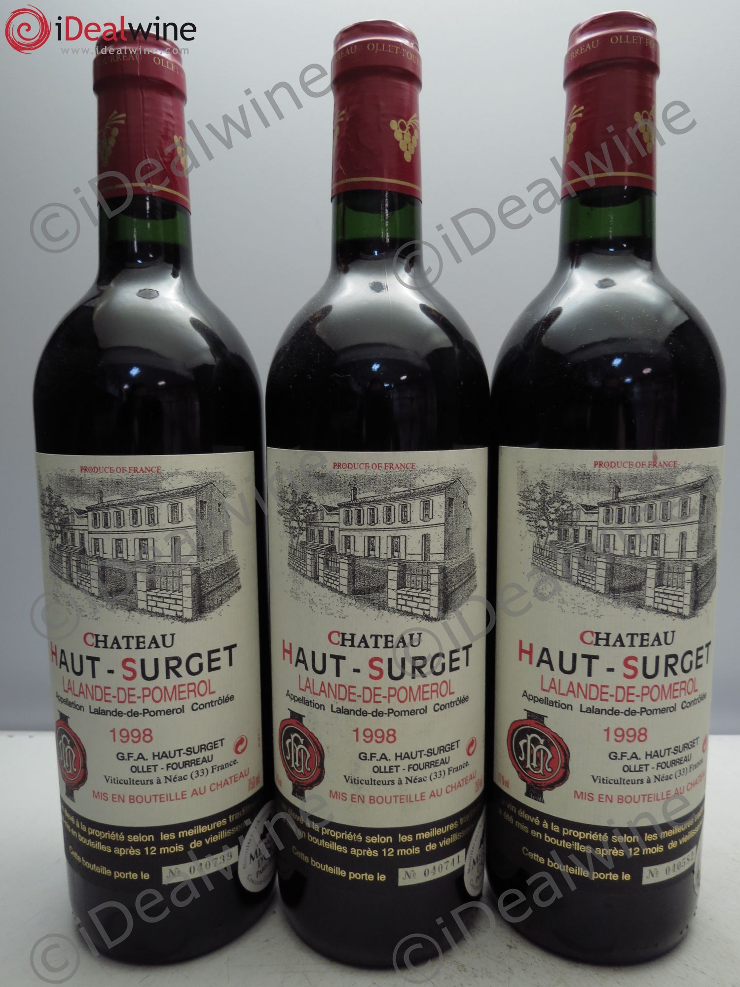 Bordeaux Château Haut Surget. Ollet & Fourreau (sans prix de reserve/no reserve) 1998 - Posten von 3 Flaschen - 0
