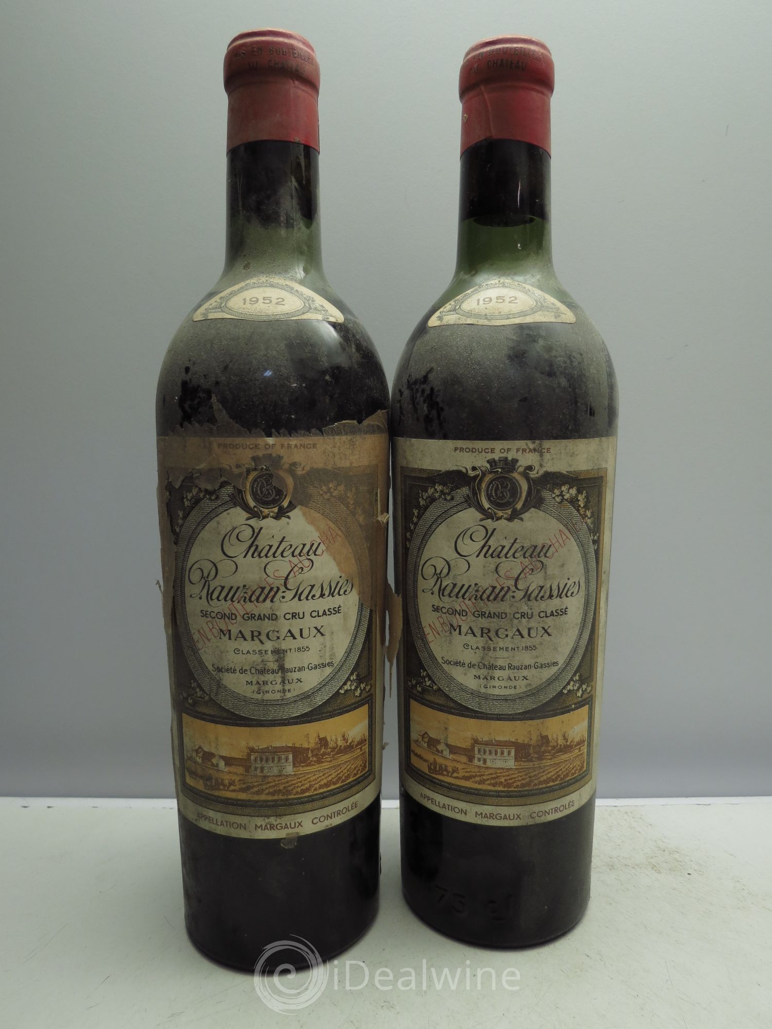 Château Rauzan-Gassies 2ème Grand Cru Classé (1 Trace de papier soie) 1952 - Posten von 2 Flaschen - 0