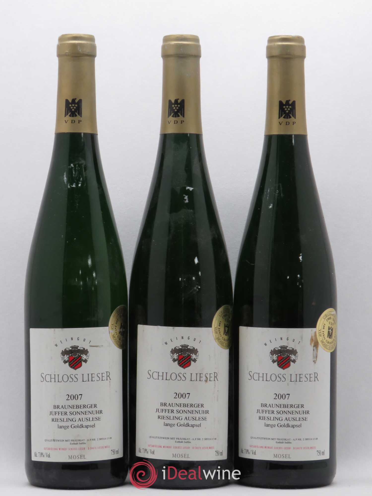 Riesling Brauneberger Juffer Sonnenuhr Auslese Lange Goldkapsel Schloss Lieser 2007 - Lotto di 3 bottiglie - 0