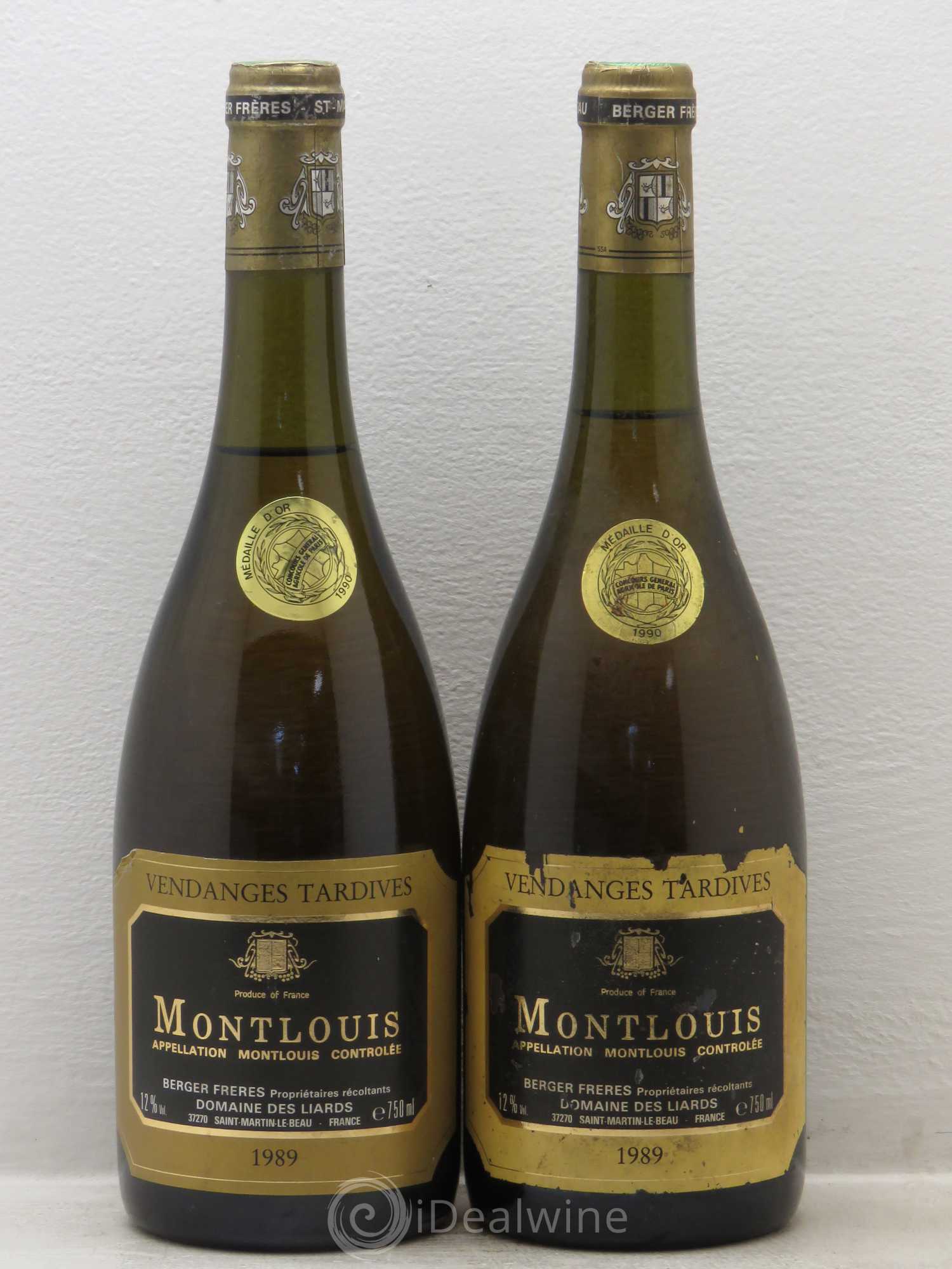 Montlouis-sur-Loire Vendanges Tardives Domaine des Liards Maison Berger (sans prix de réserve) 1989 - Lotto di 2 bottiglie - 0
