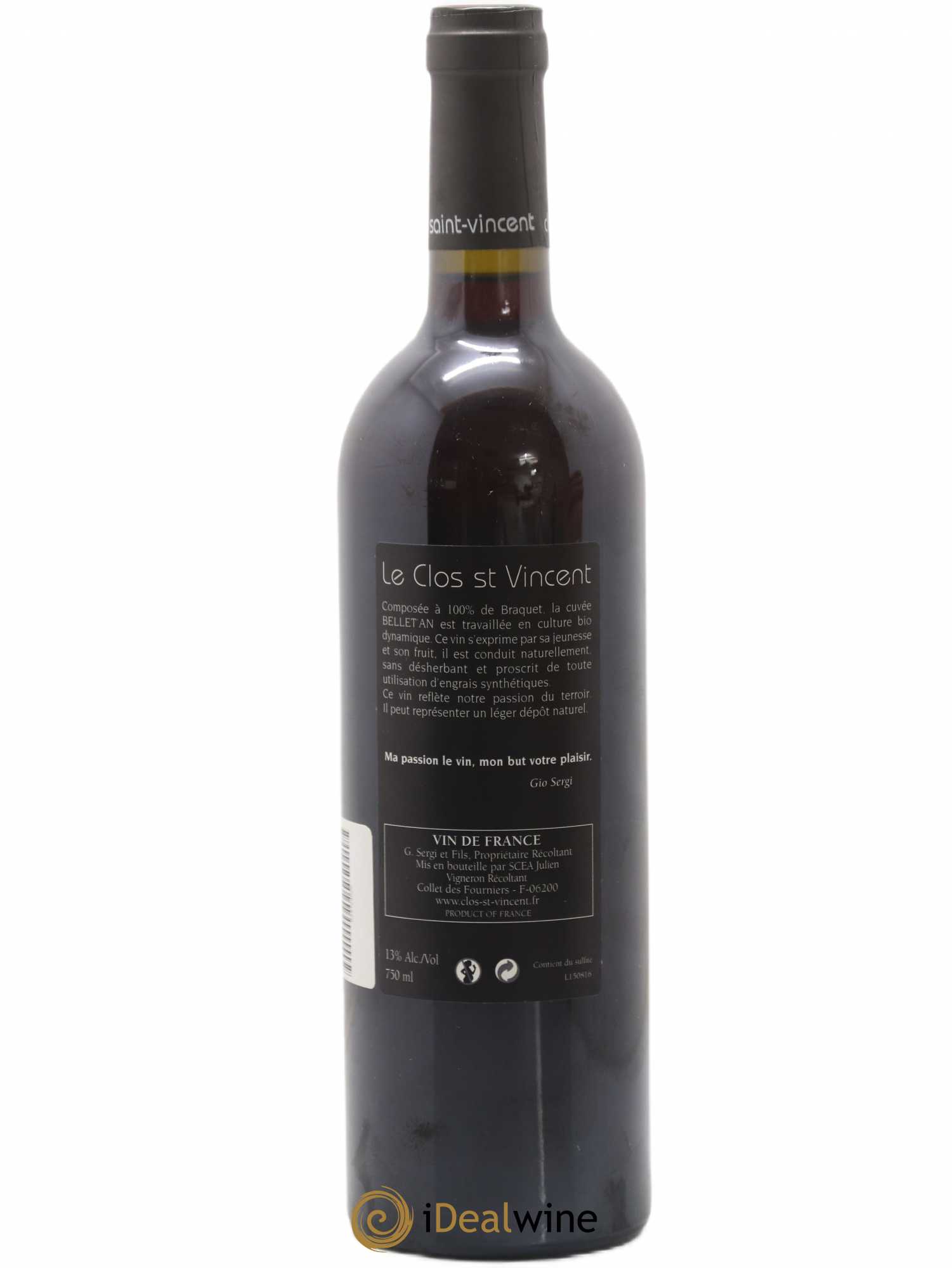 Vin de France Clos Saint Vincent le Bellet'an 2015 - Lot de 1 bouteille - 1