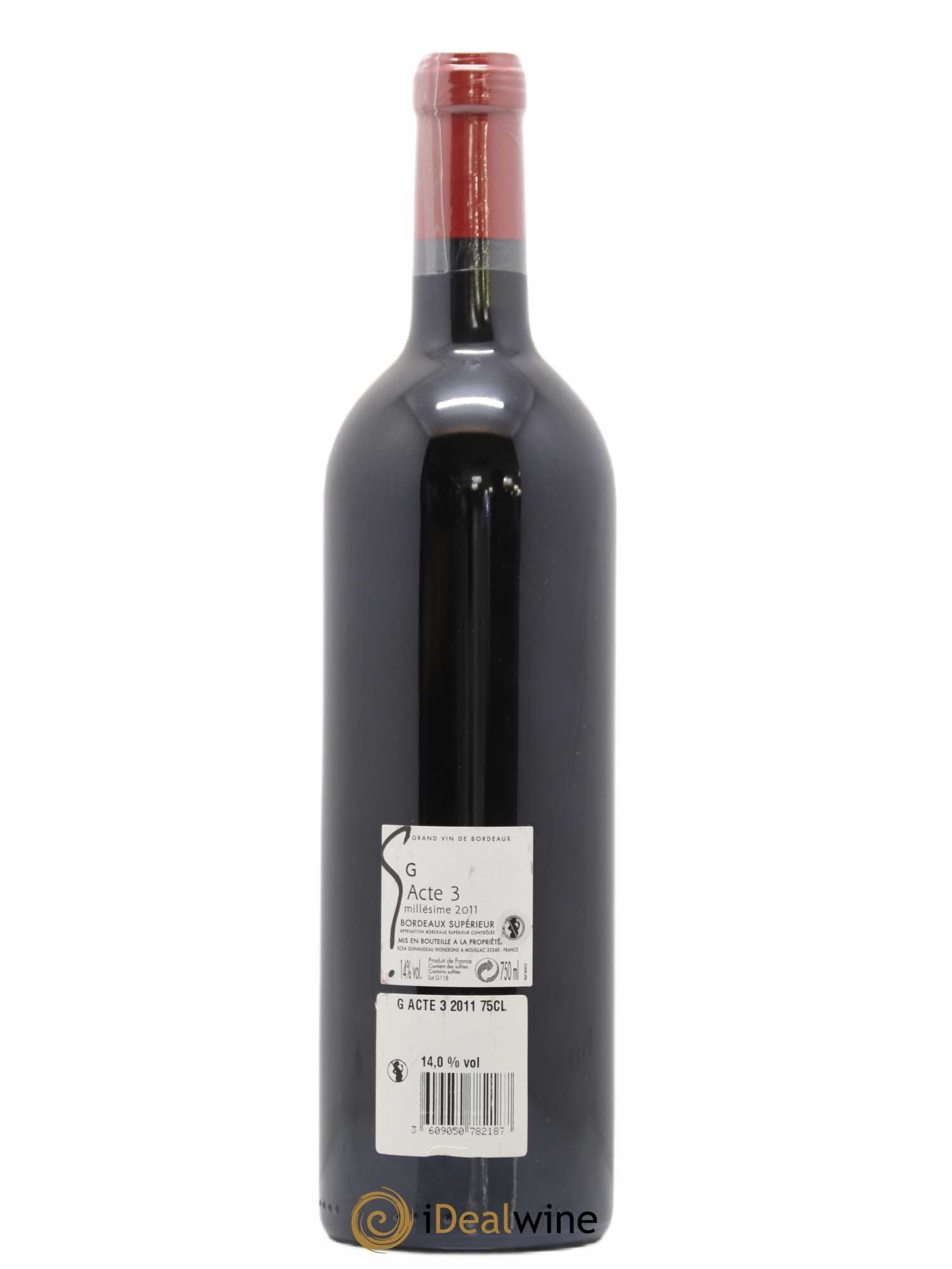 Bordeaux Supérieur Guinaudeau G Acte 3 2011 - Lot de 1 bouteille - 1