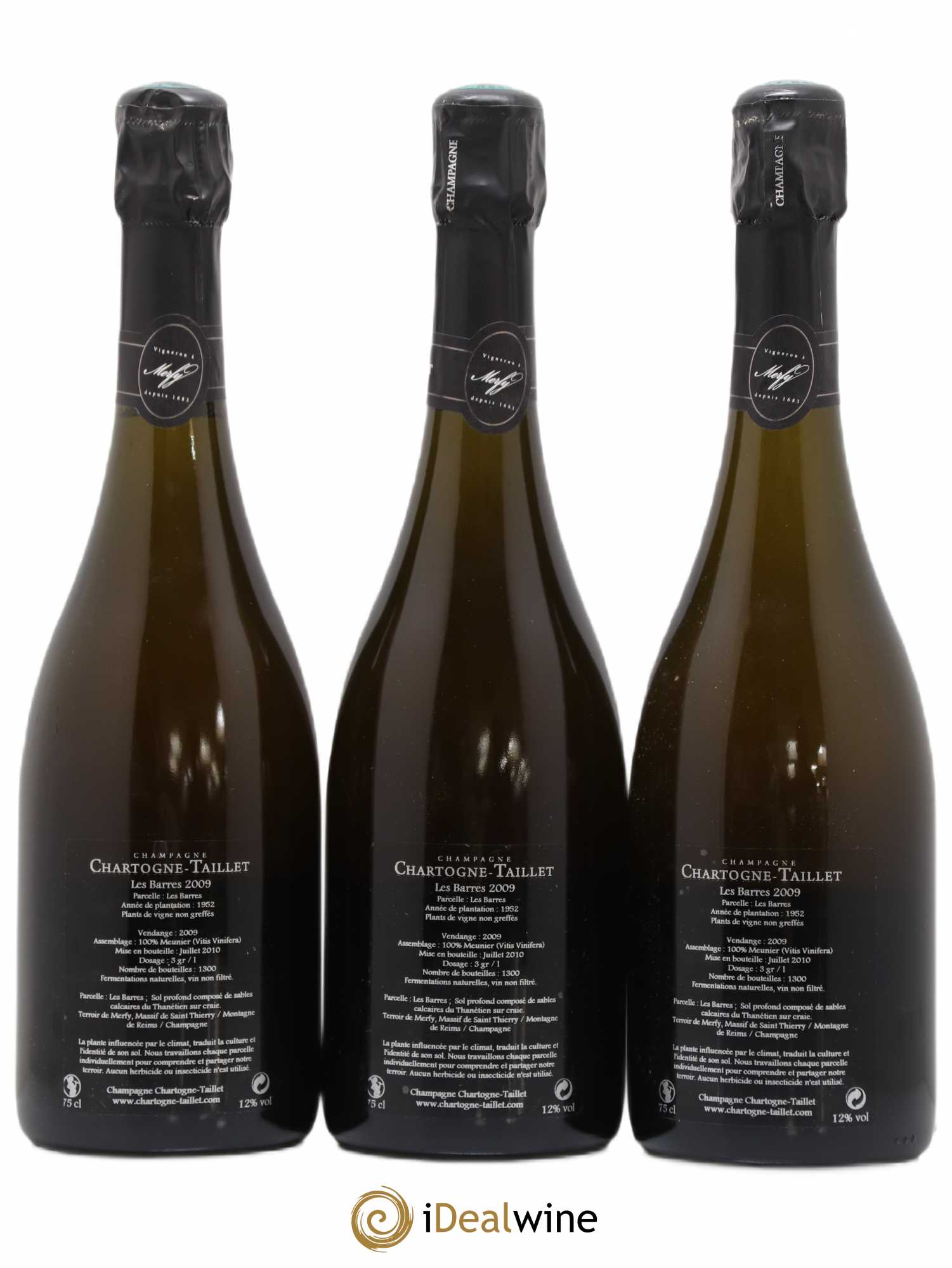 Champagne Les Barres Chartogne Taillet 2009 - Lot de 3 bouteilles - 1