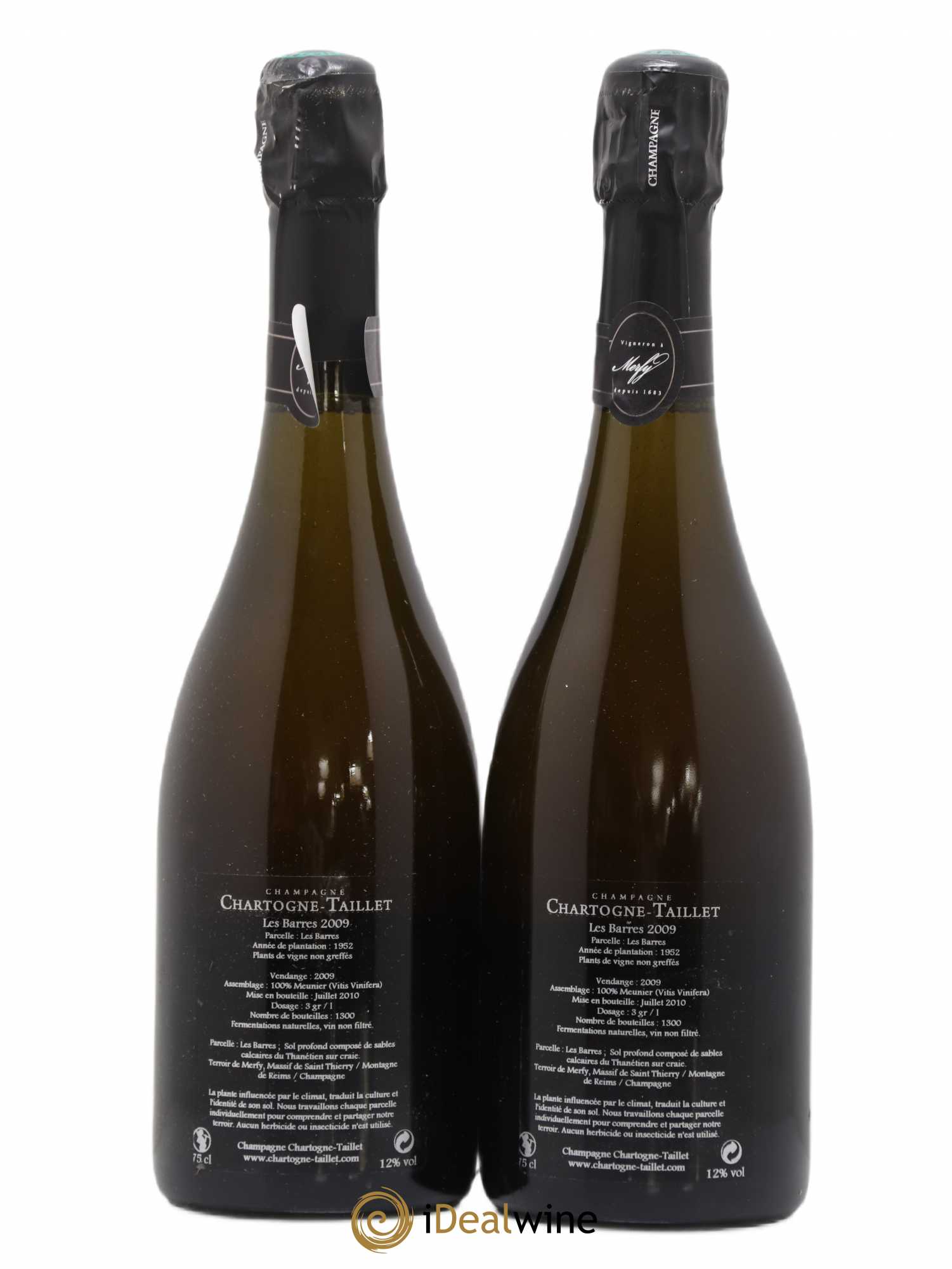 Champagne Les Barres Chartogne Taillet 2009 - Lot de 2 bouteilles - 1