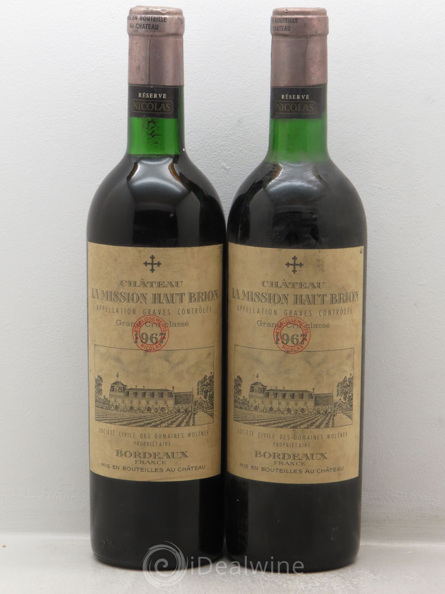 Château la Mission Haut-Brion Cru Classé de Graves (Tampon Nicolas) 1967 - Lot de 2 bouteilles - 0