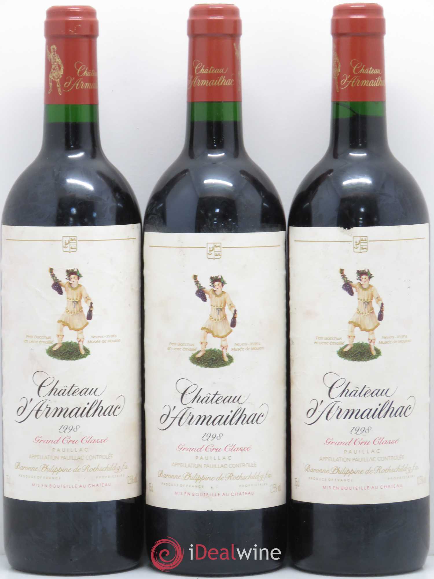 Château d' Armailhac - Mouton Baron(ne) Philippe 5ème Grand Cru Classé 1998 - Lot de 3 bouteilles - 0