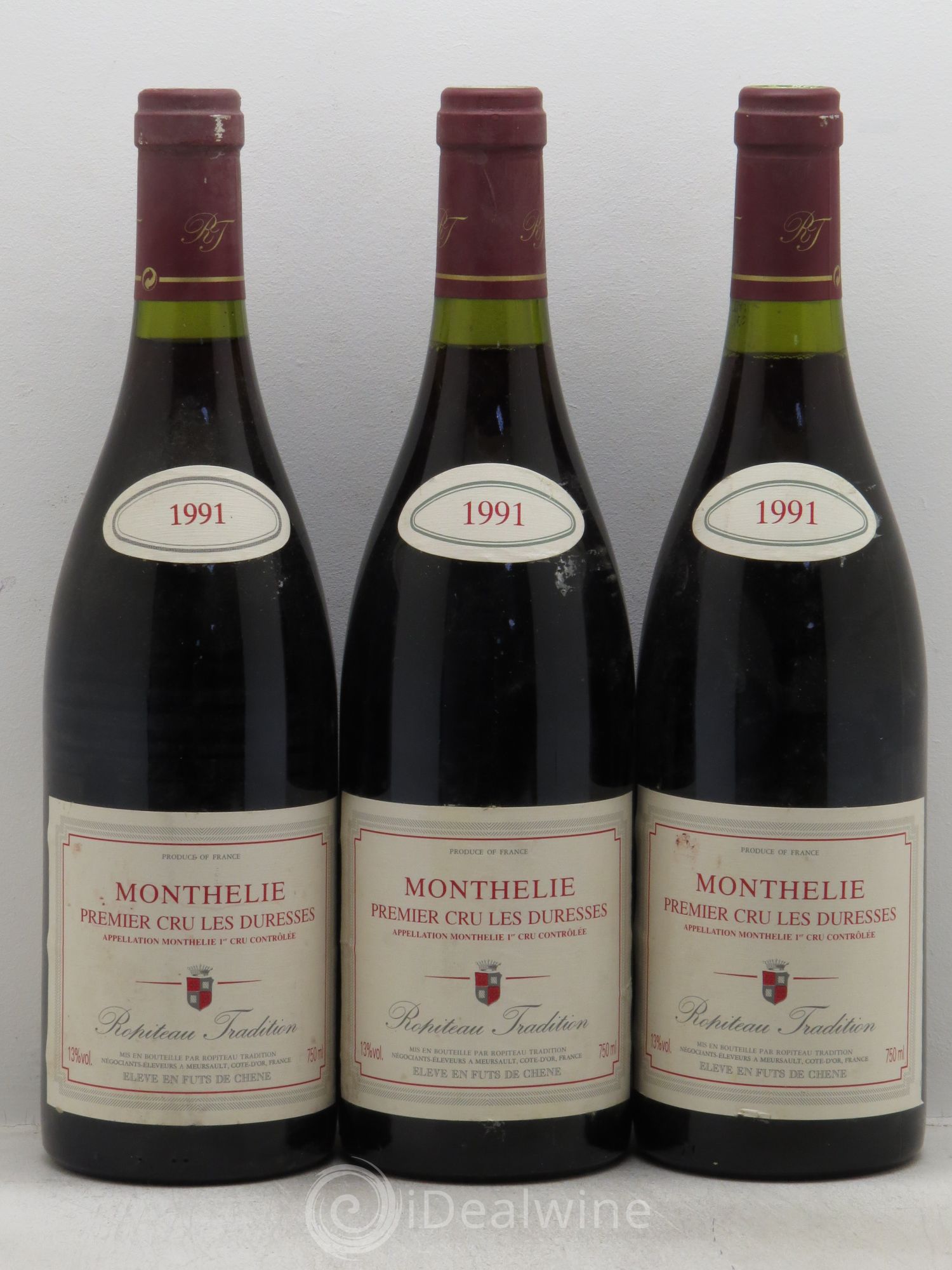 Monthélie 1er Cru Ropiteau (sans prix de réserve-no reserve) 1991 - Lot de 3 bouteilles - 0