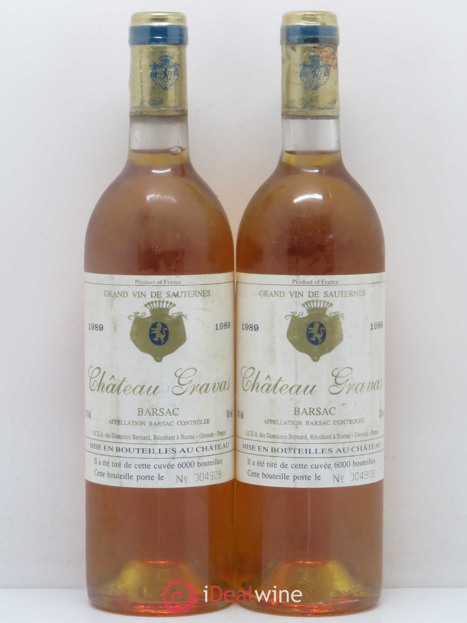 Barsac Château Gravas 1989 - Lotto di 2 bottiglie - 0