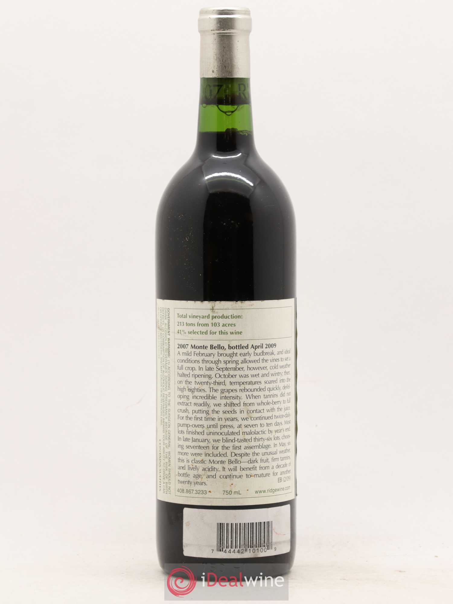 Santa Cruz Mountains Monte Bello Ridge Vineyards 2007 - Lot de 1 bouteille - 1
